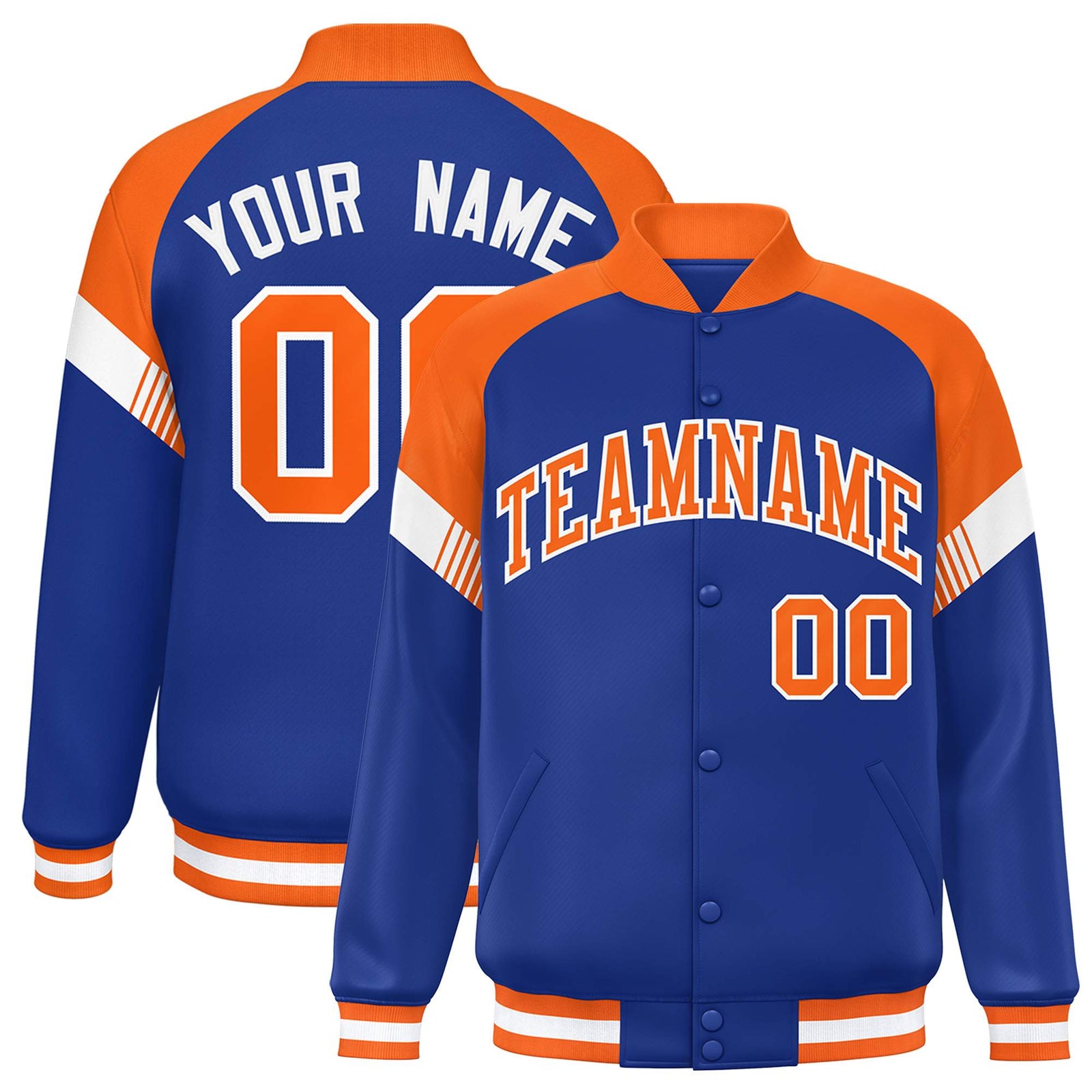 Custom Royal Orange-White Varsity Full-Snap Color Block Letterman Jacket