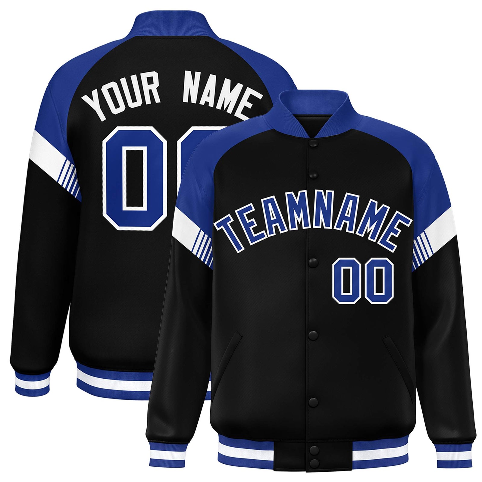 Custom Black Royal-White Varsity Full-Snap Color Block Letterman Jacket