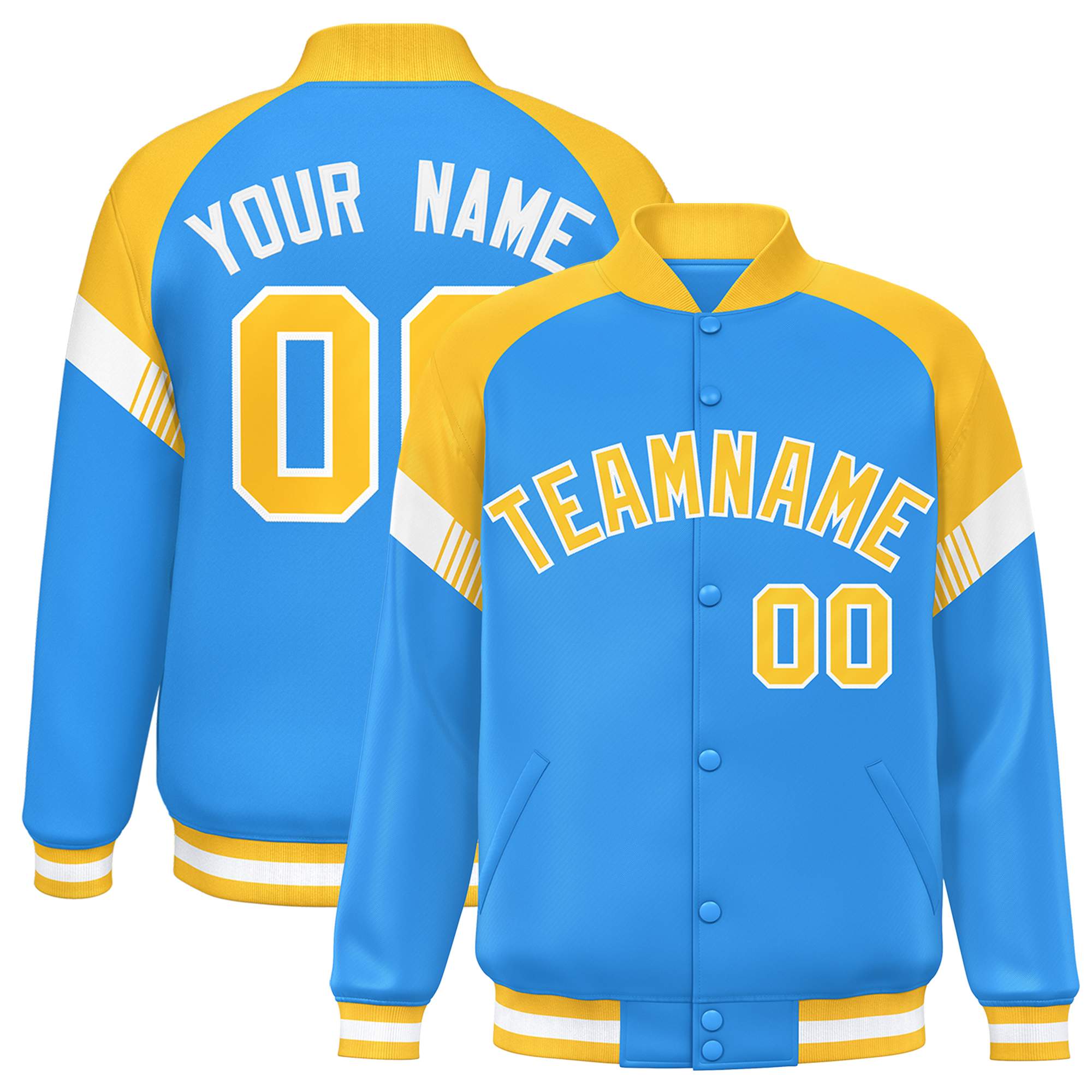 Custom Powder Blue Gold-White Varsity Full-Snap Color Block Letterman Jacket