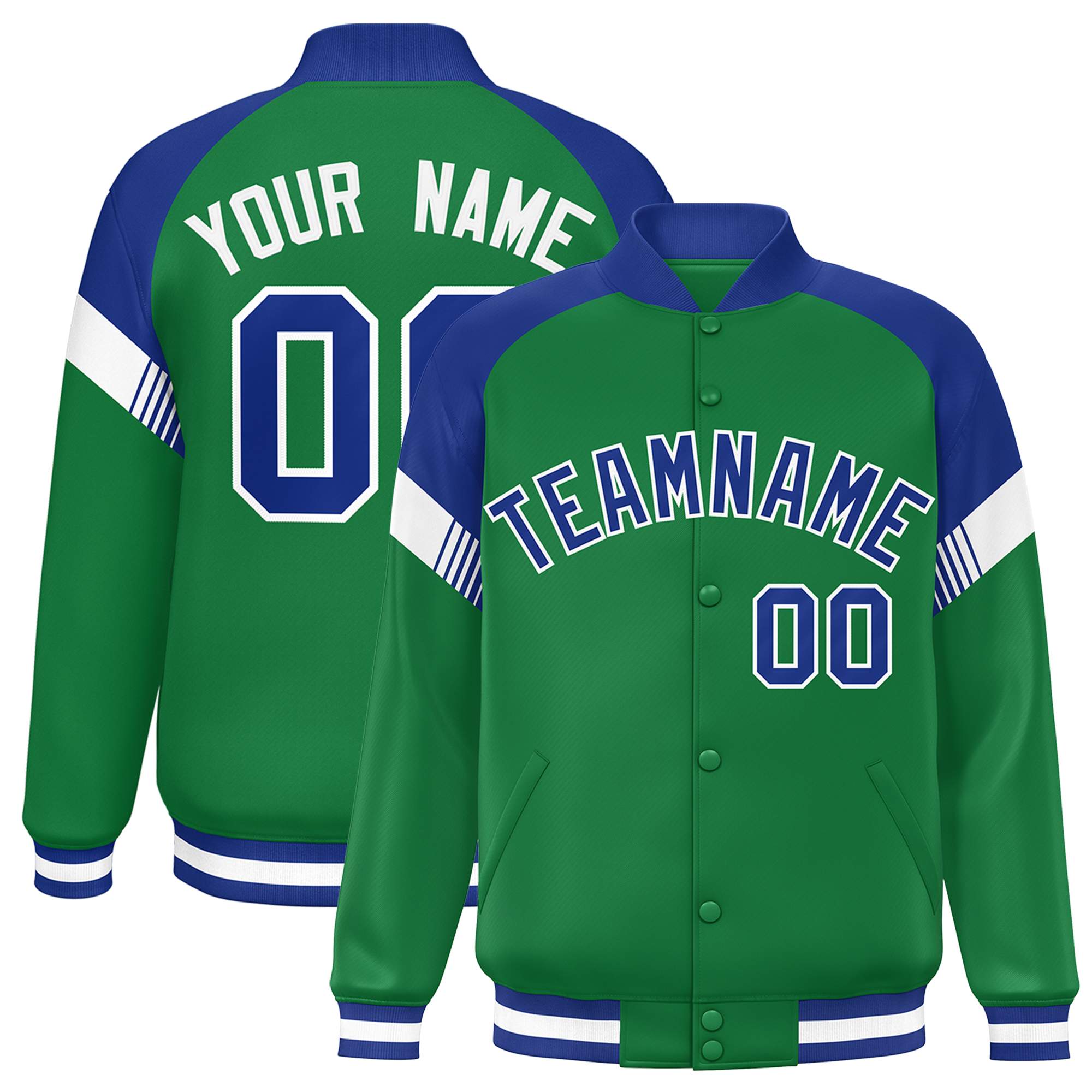 Custom Kelly Green Royal-White Varsity Full-Snap Color Block Letterman Jacket