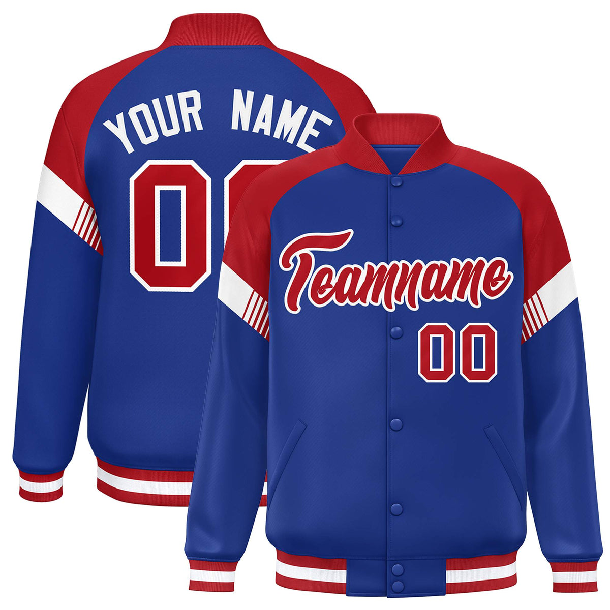 Custom Royal Red-White Varsity Full-Snap Color Block Letterman Jacket