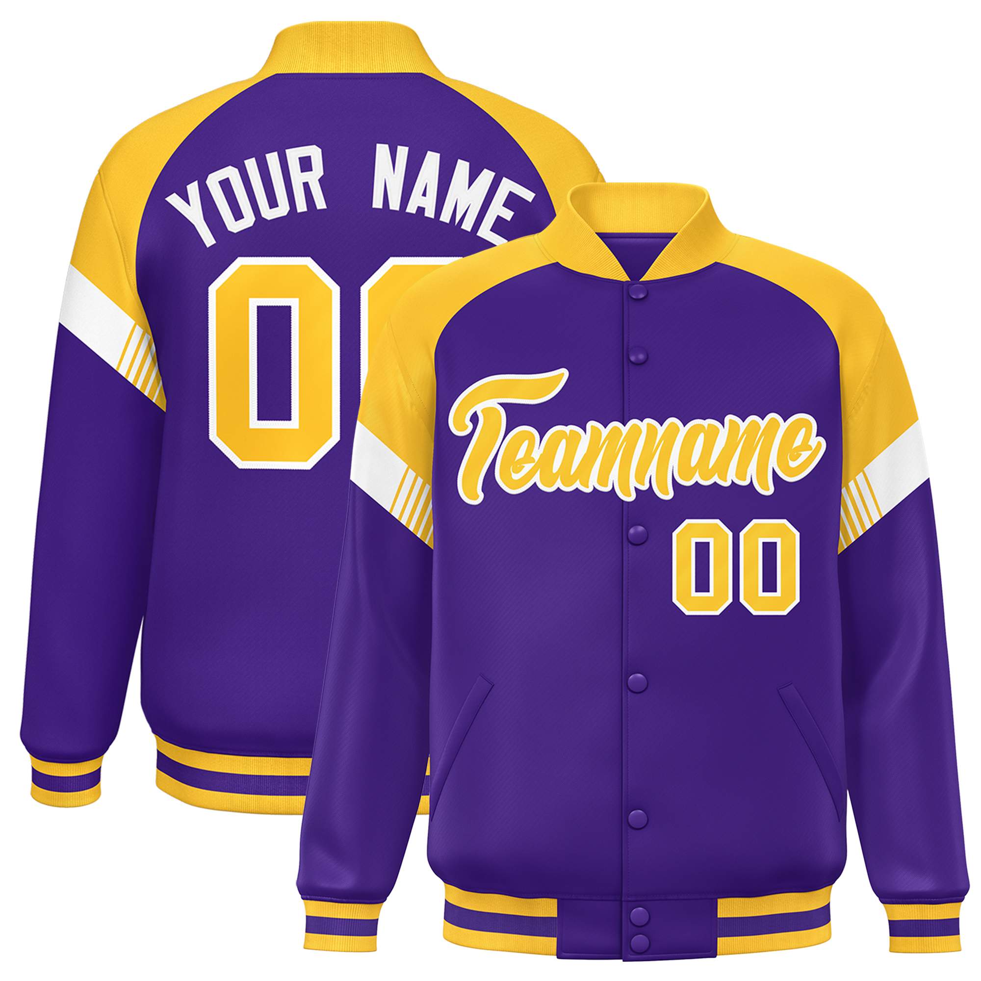 Custom Purple Gold-White Varsity Full-Snap Color Block Letterman Jacket