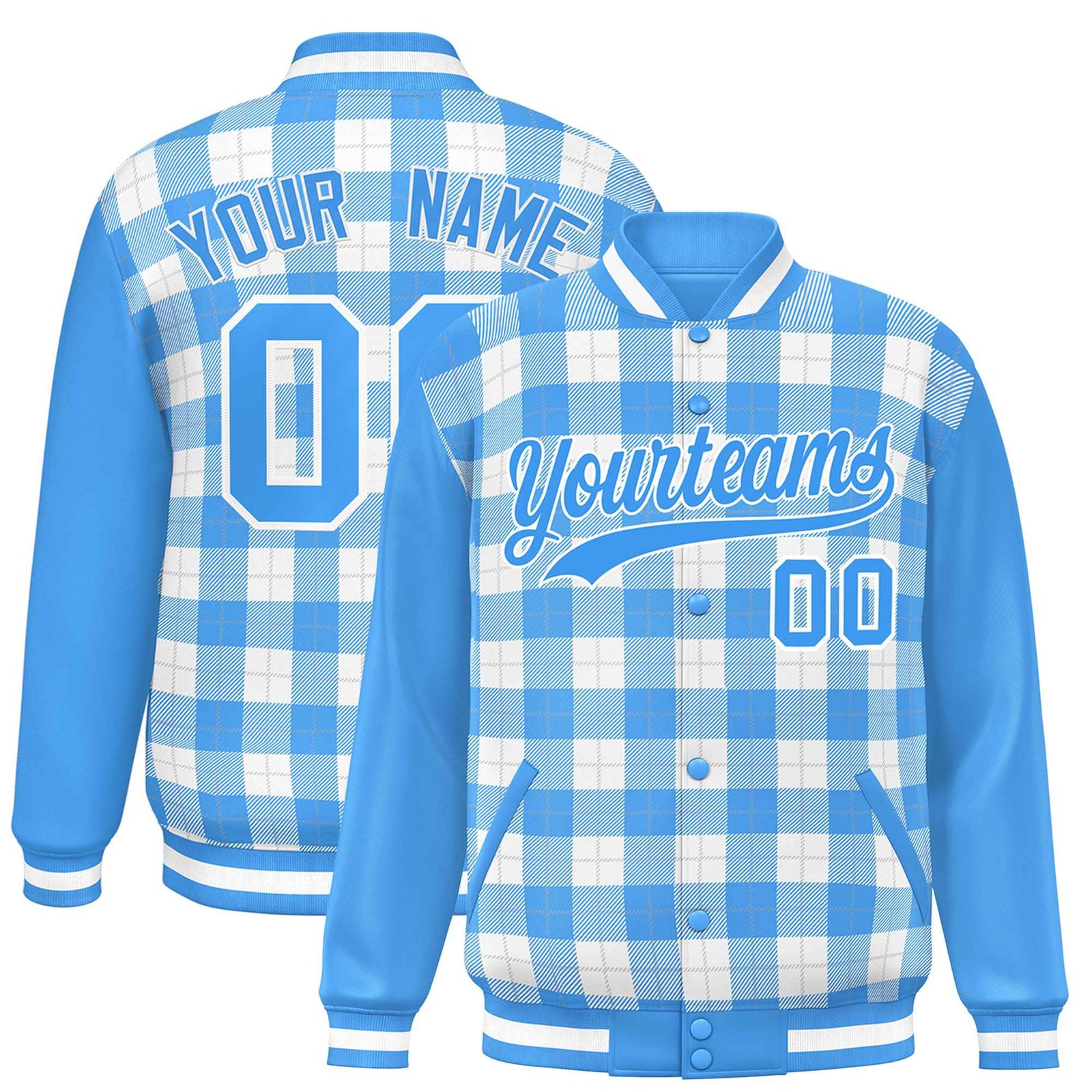 Custom White Powder Blue-Gray Varsity Full-Snap Plaid Pattern Letterman Baseball Jacket