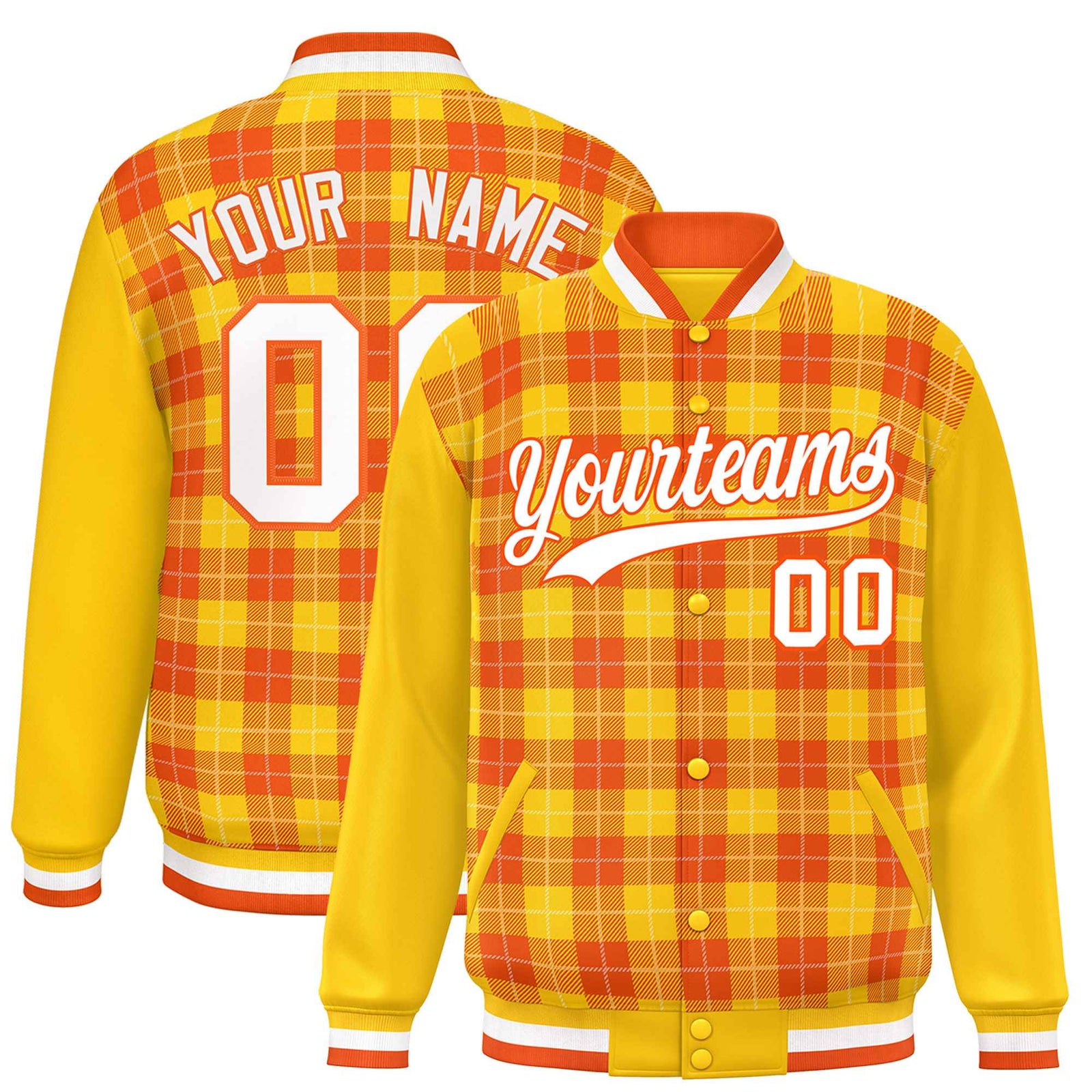 Custom Orange Gold-White Varsity Full-Snap Plaid Pattern Letterman Baseball Jacket