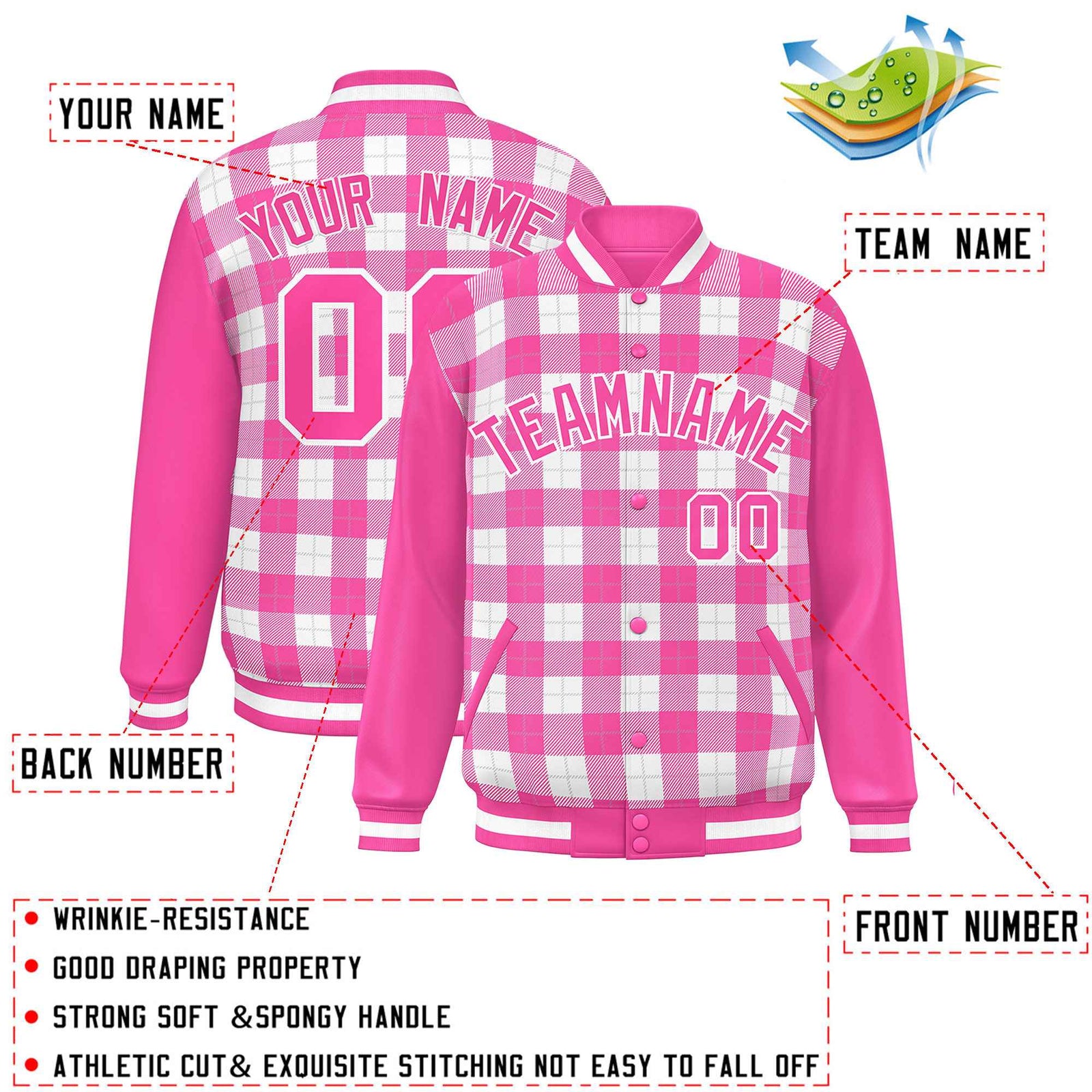 Custom White Pink-Gray Varsity Full-Snap Plaid Pattern Letterman Baseball Jacket