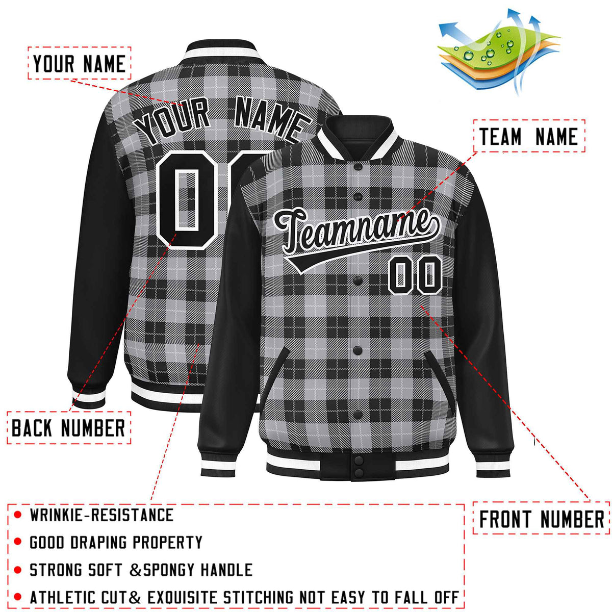 Custom Gray Black-White Varsity Full-Snap Plaid Pattern Letterman Baseball Jacket