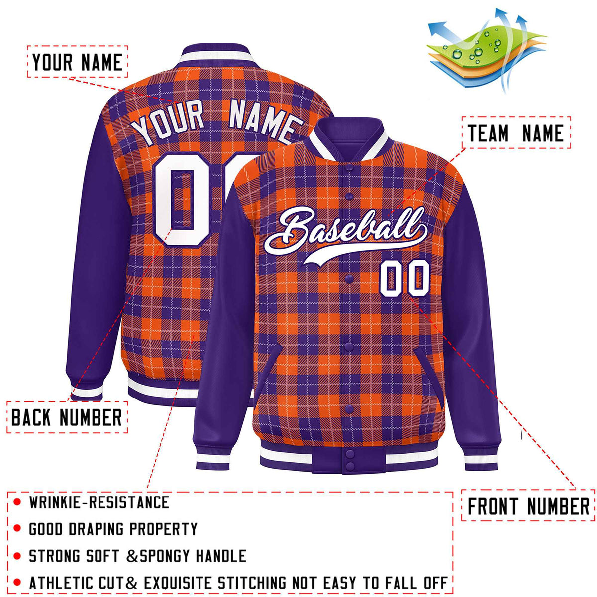 Custom Orange Purple-White Varsity Full-Snap Plaid Pattern Letterman Baseball Jacket