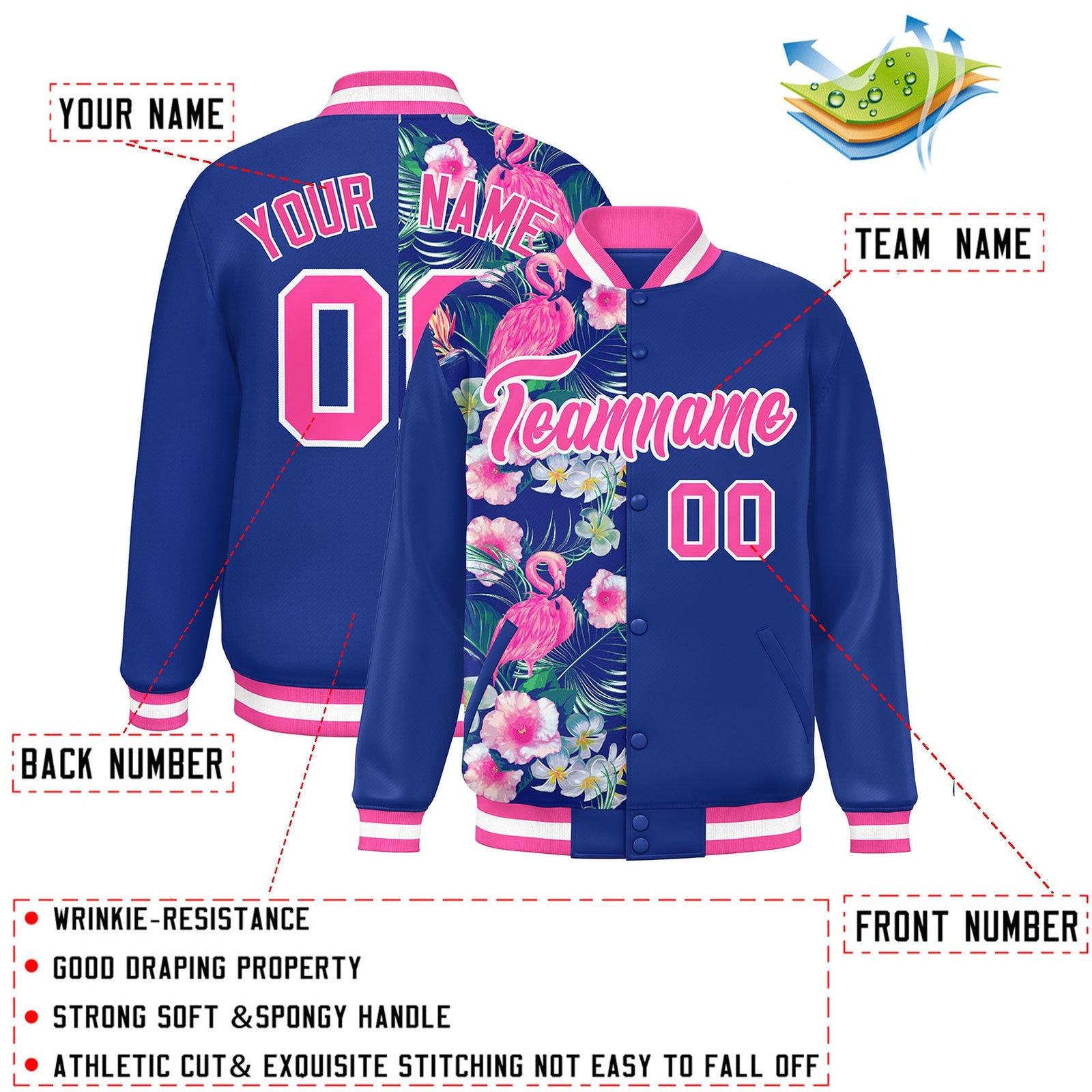 Custom Royal Varsity Full-Snap Flower Pattern Letterman Two Tone Split Fashion Jacket