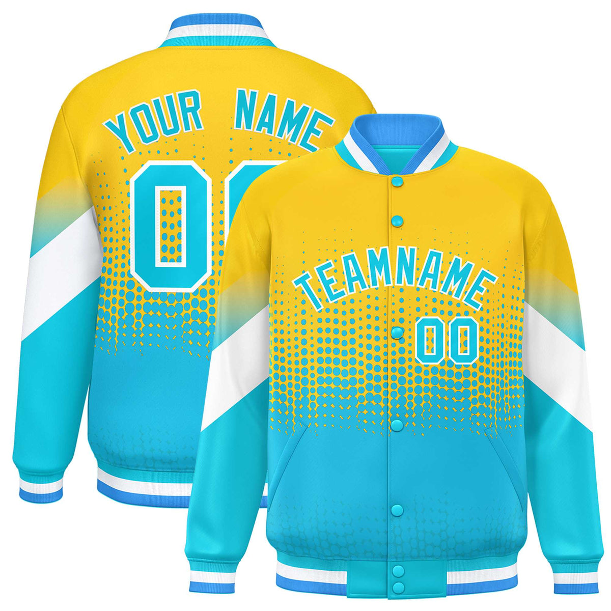 Custom Gold Sky Blue Gradient Varsity Full-Snap Polka Dot Pattern Letterman Baseball Jacket