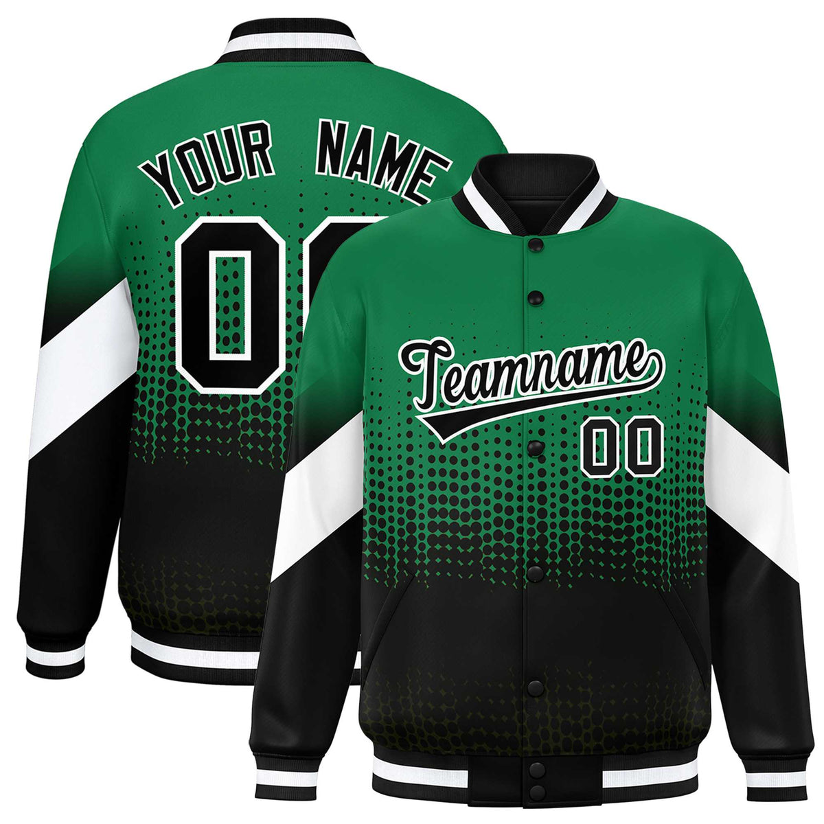 Custom Kelly Green Black Gradient Varsity Full-Snap Polka Dot Pattern Letterman Baseball Jacket