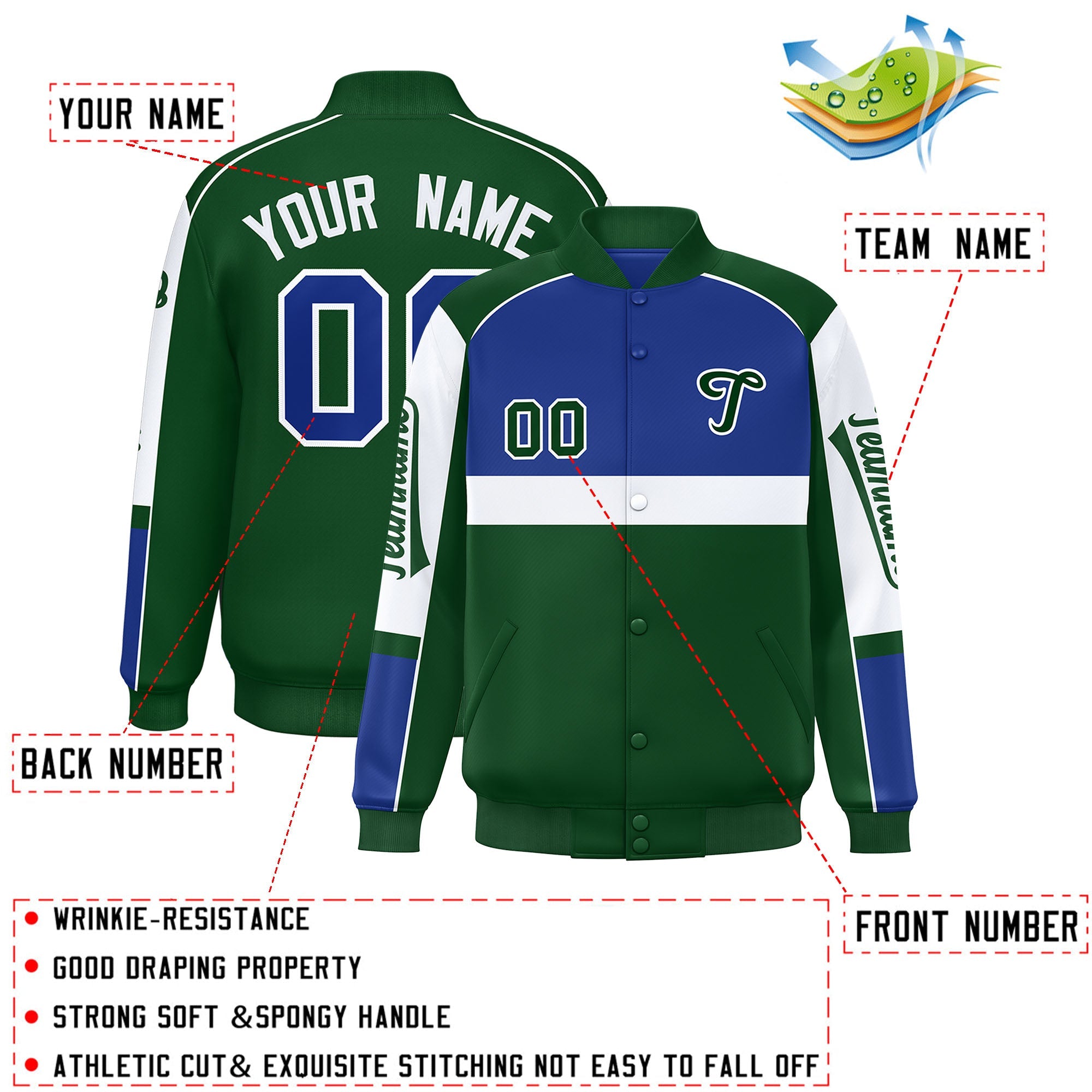 Custom Royal Green Varsity Full-Snap Raglan Sleeves Letterman Jacket