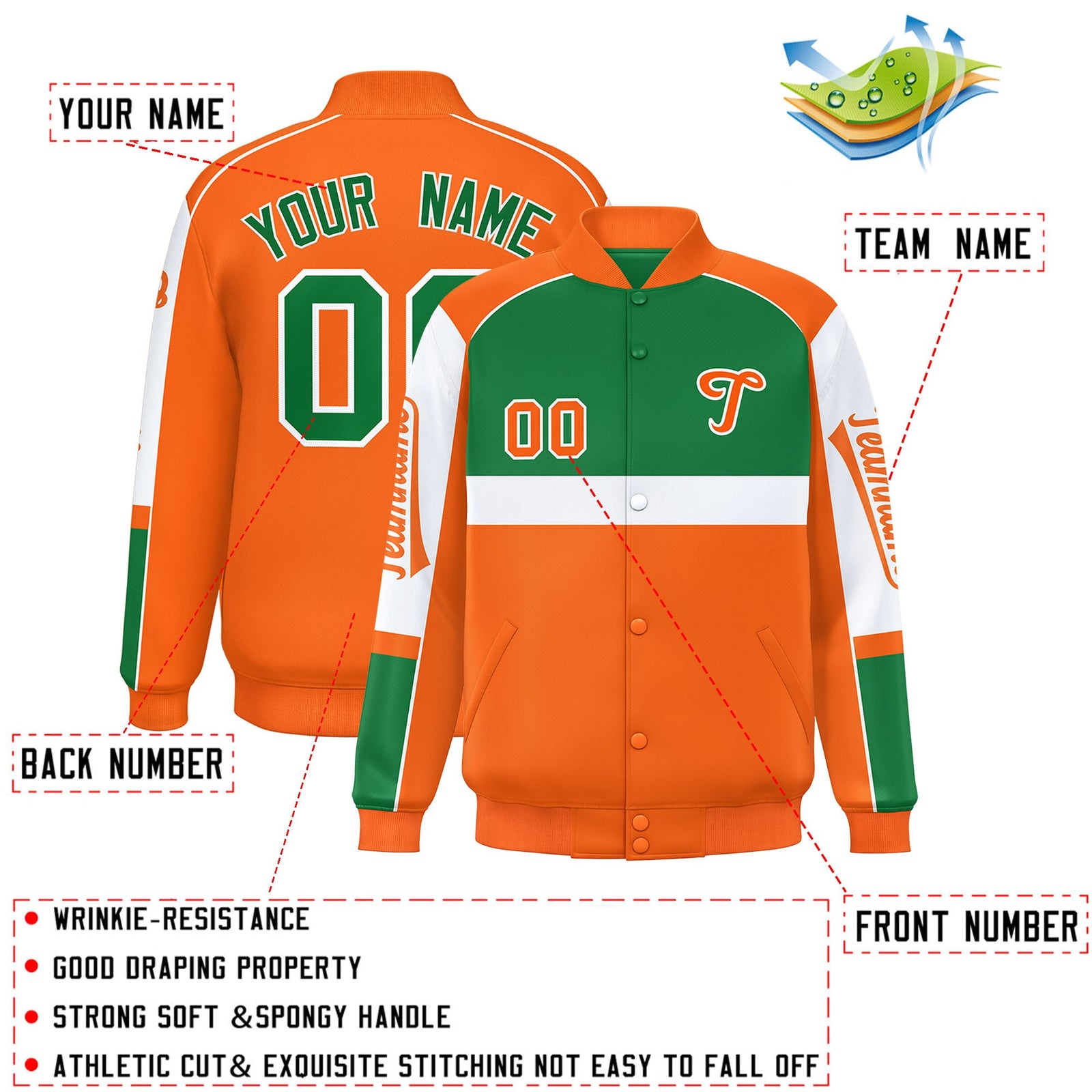 Custom Kelly Green Orange Varsity Full-Snap Raglan Sleeves Letterman Jacket