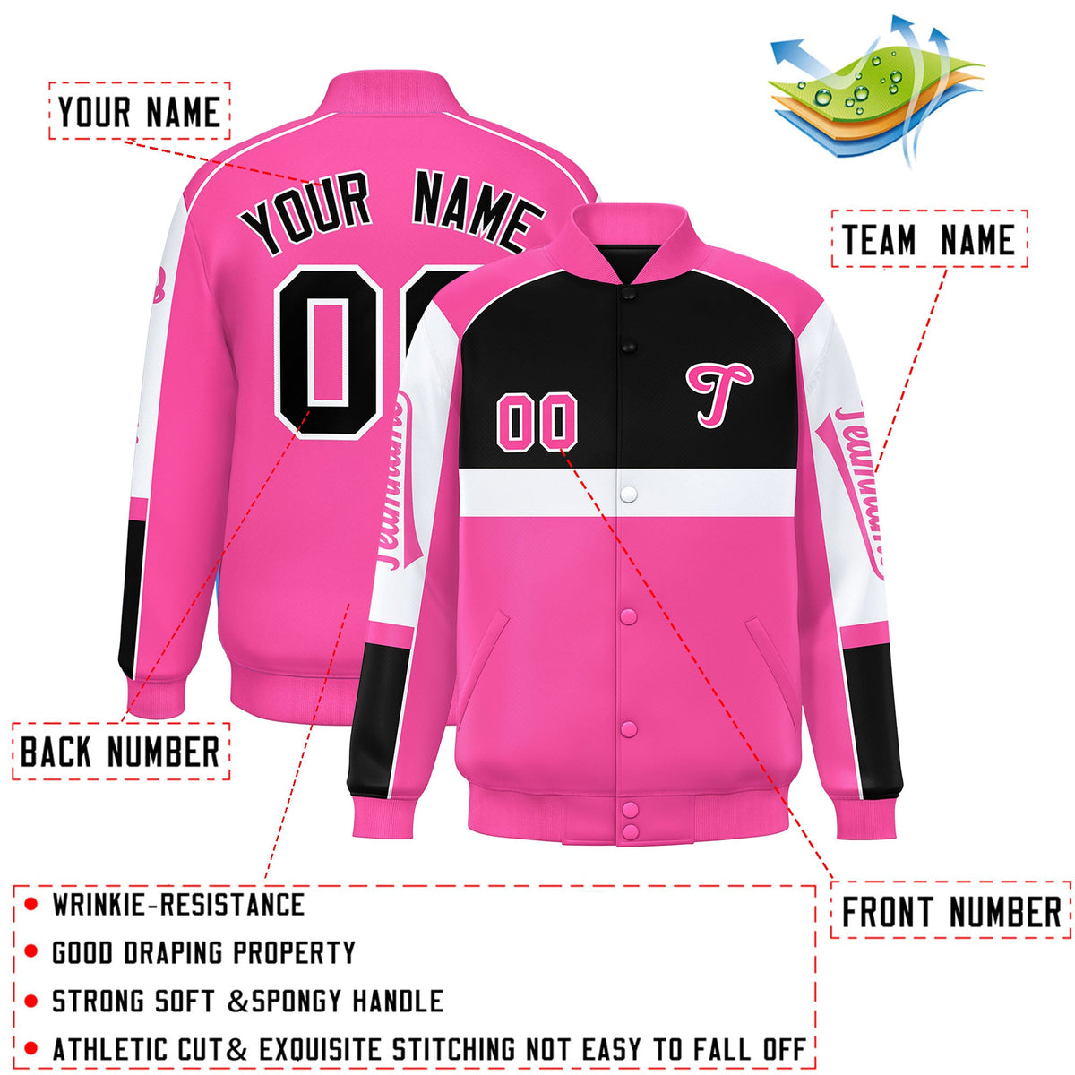 Custom Black Pink Varsity Full-Snap Raglan Sleeves Letterman Jacket