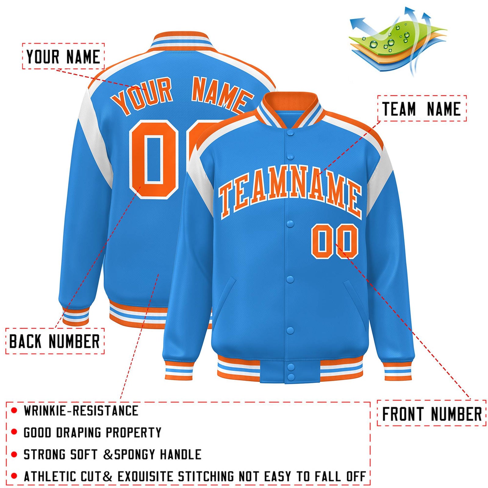 Custom Powder Blue Varsity Full-Snap Color Block Letterman Jacket