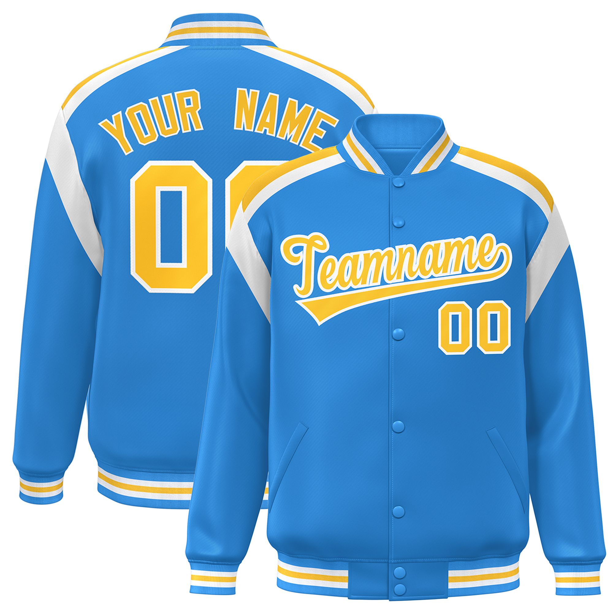 Custom Powder Blue Varsity Full-Snap Color Block Letterman Jacket