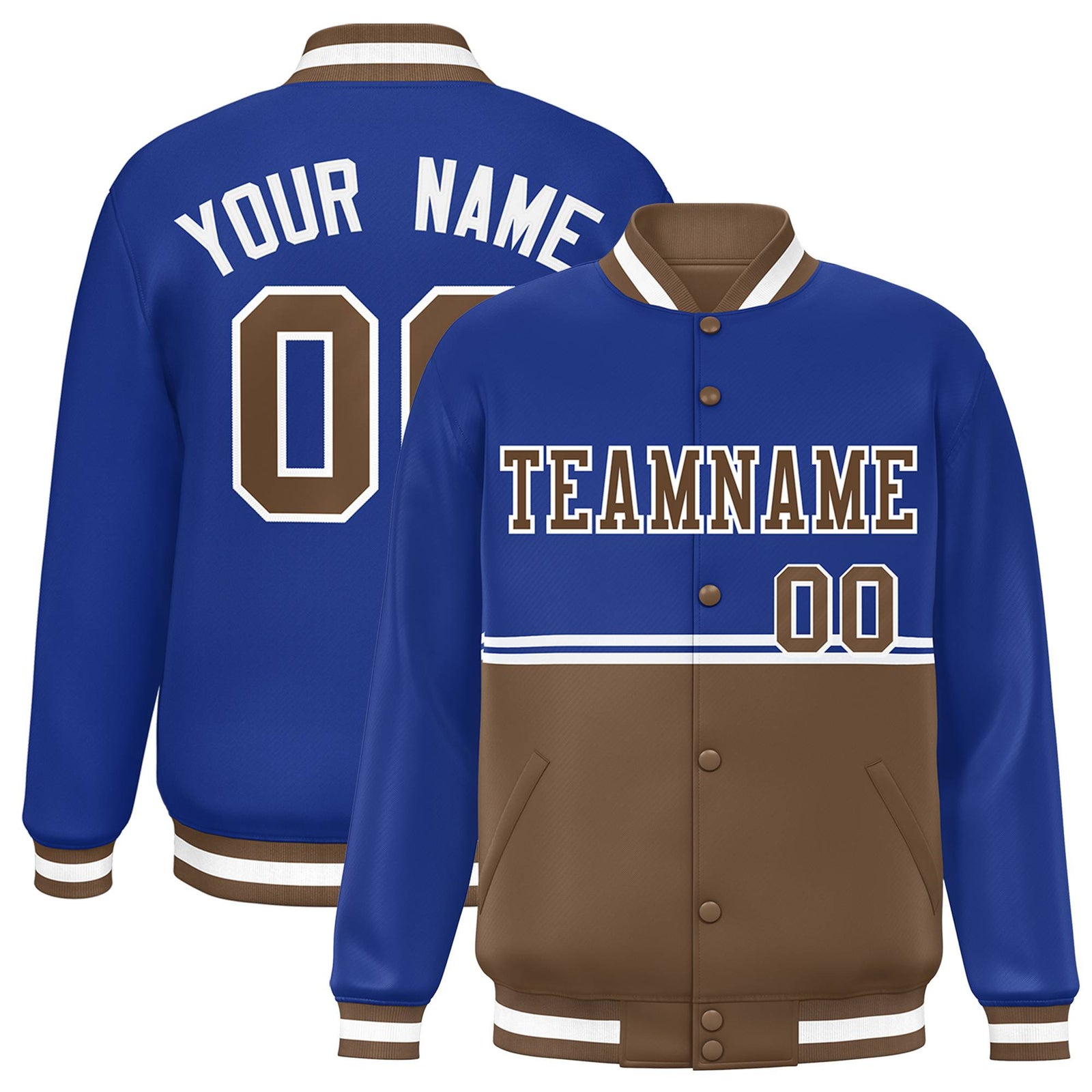 Custom Royal Light Brown Varsity Full-Snap Color Block Letterman Jacket