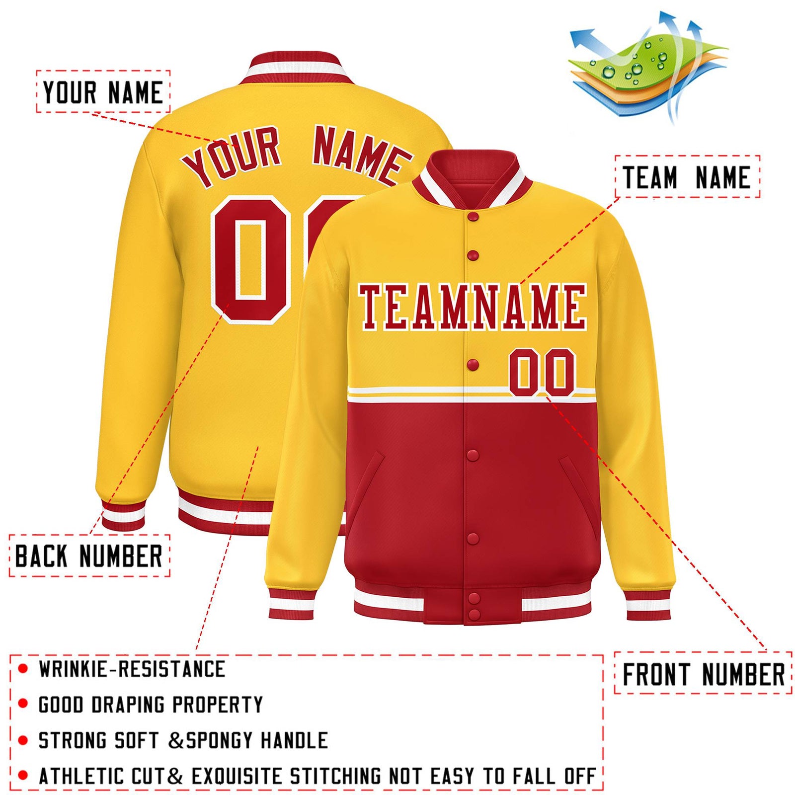 Custom Gold Red Varsity Full-Snap Color Block Letterman Jacket