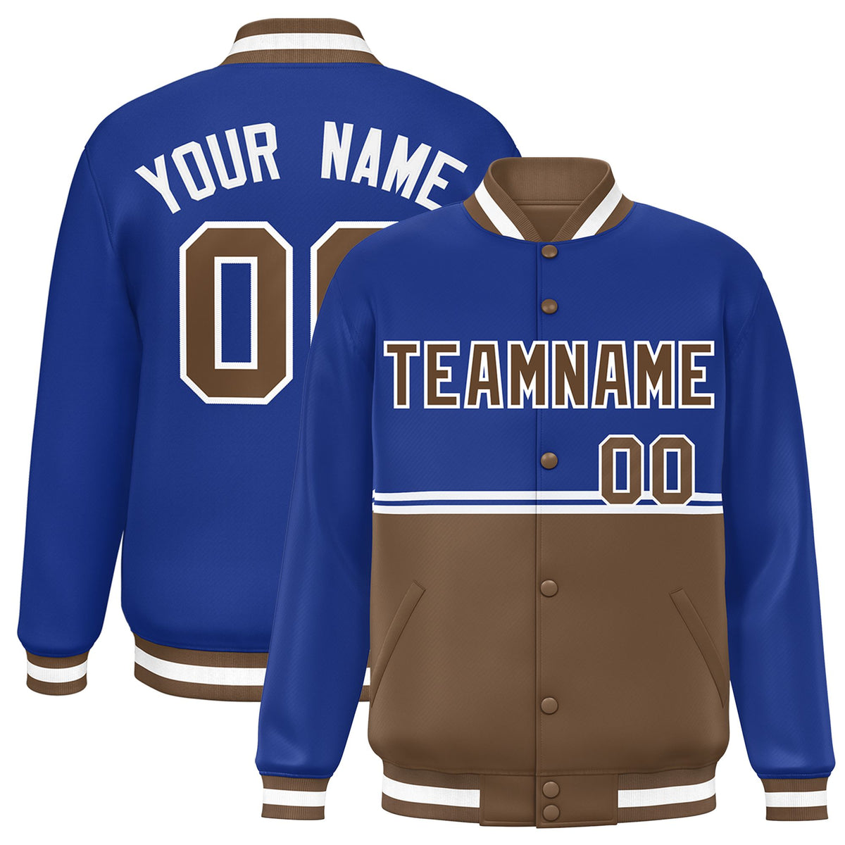 Custom Royal Light Brown Varsity Full-Snap Color Block Letterman Jacket