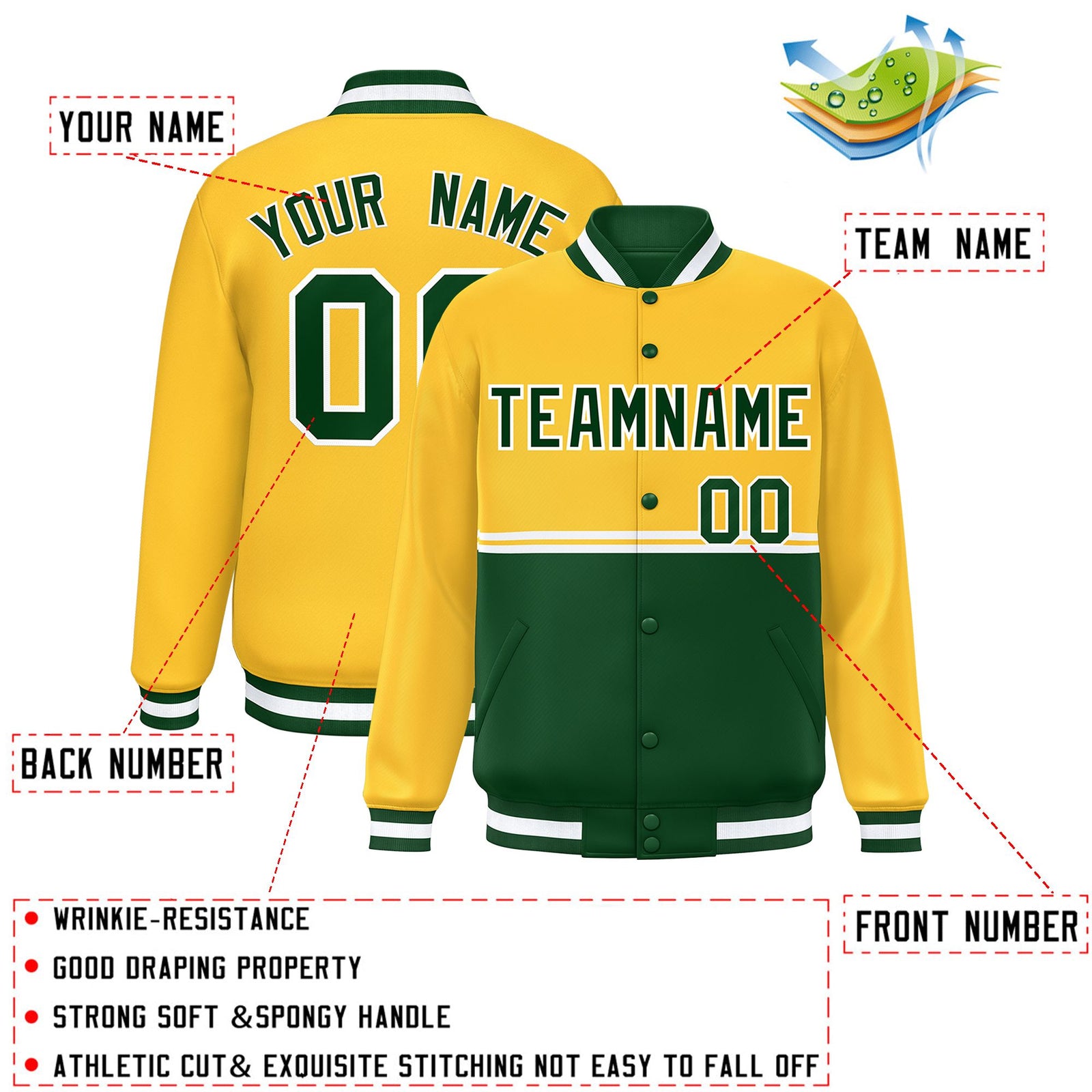 Custom Gold Green Varsity Full-Snap Color Block Letterman Jacket