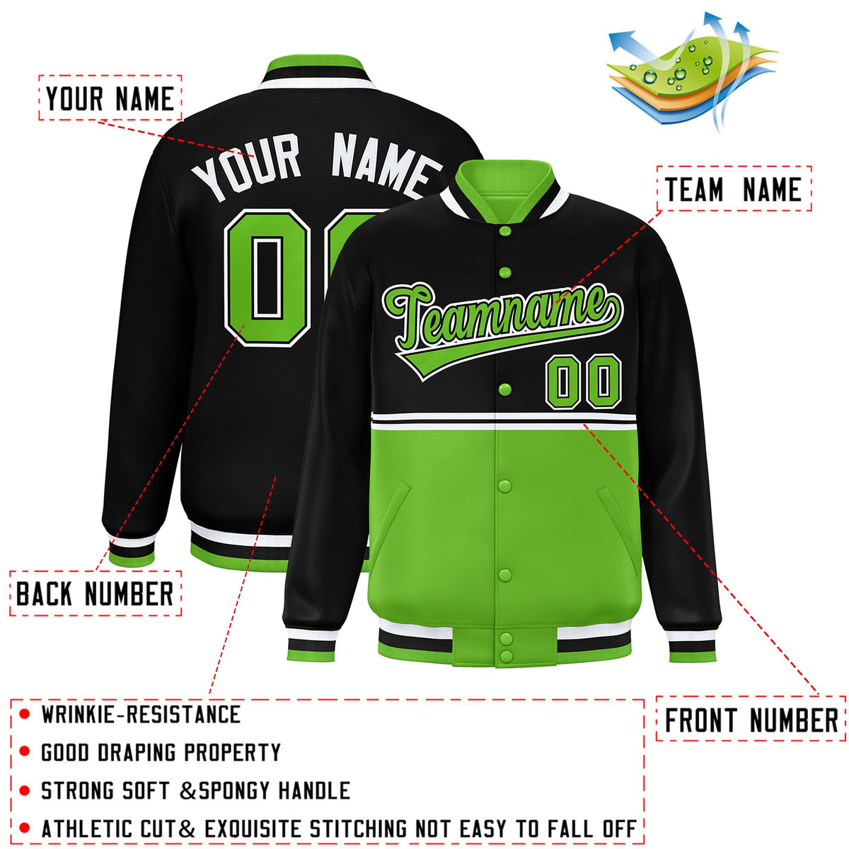 Custom Black Green Varsity Full-Snap Color Block Letterman Jacket
