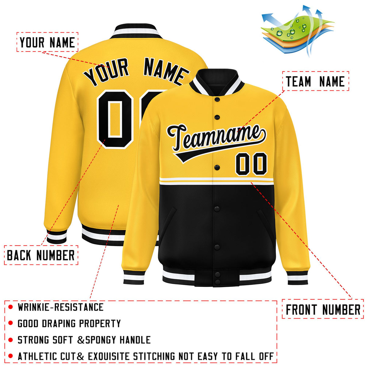 Custom Gold Black Varsity Full-Snap Color Block Letterman Jacket