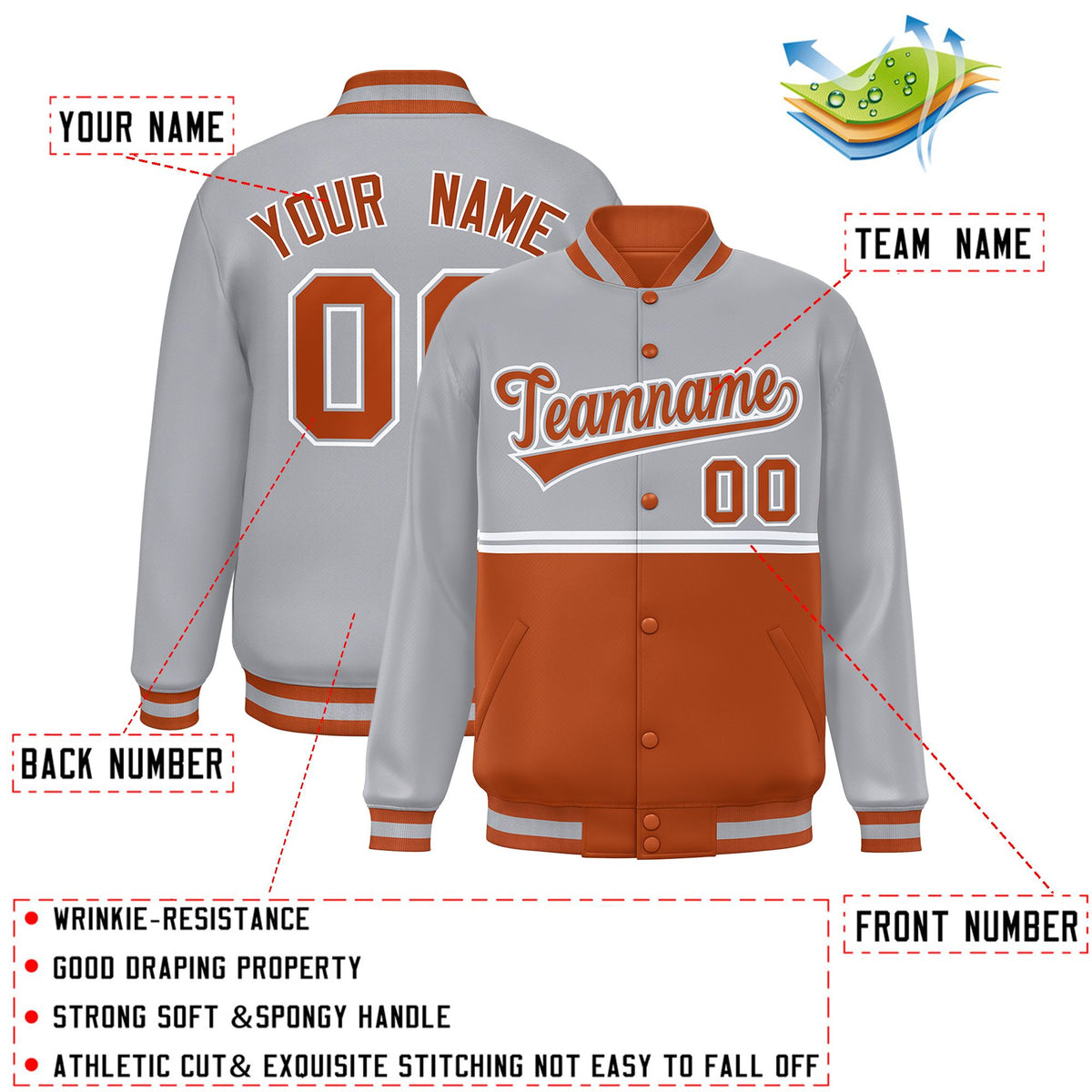 Custom Gray Texas Orange Varsity Full-Snap Color Block Letterman Jacket