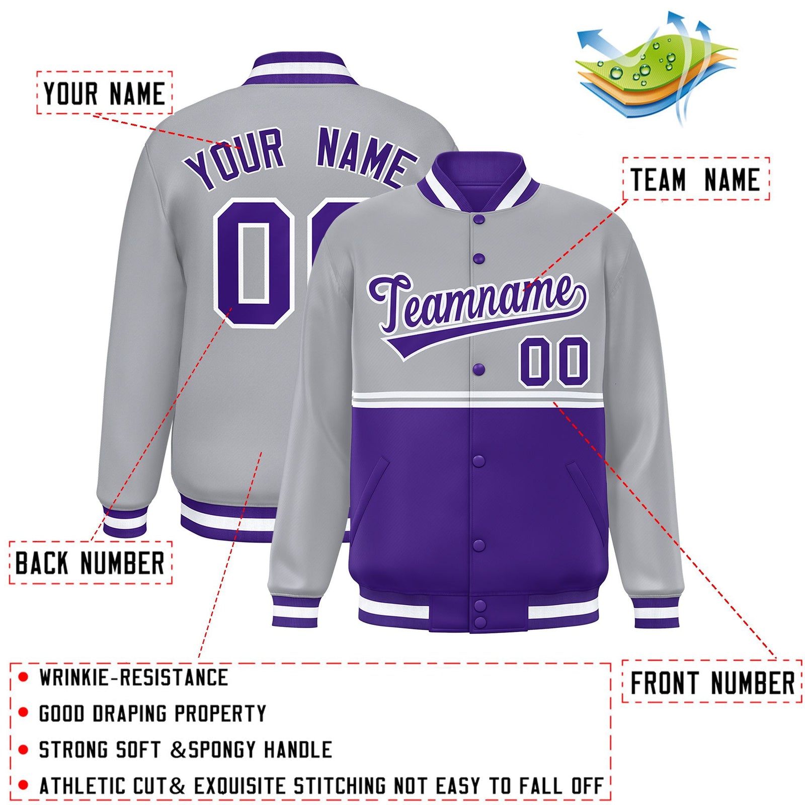 Custom Gray Purple Varsity Full-Snap Color Block Letterman Jacket