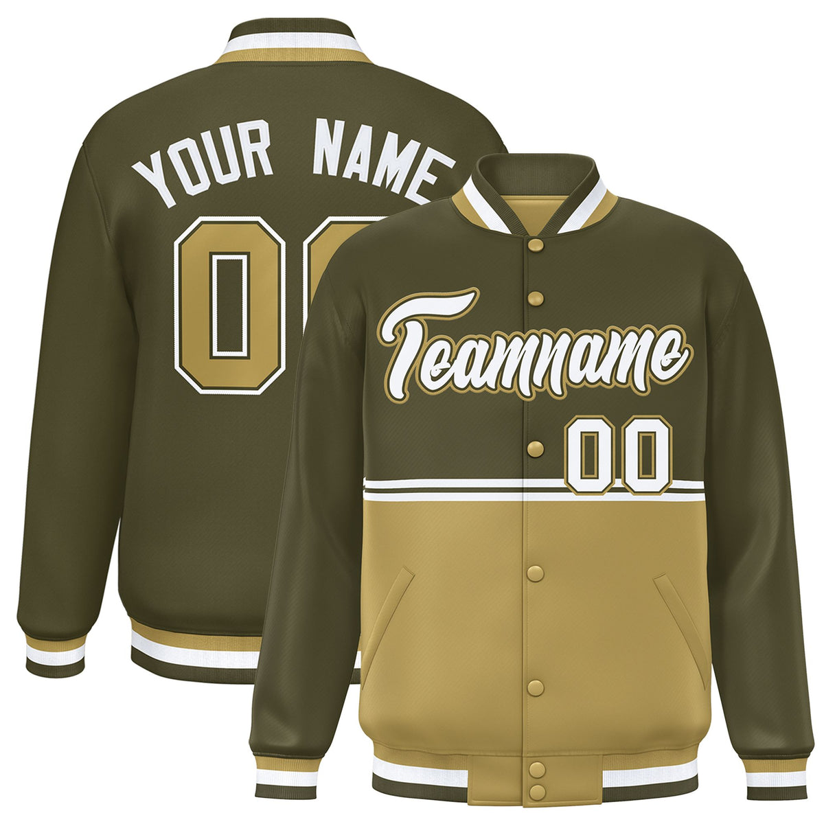 Custom Olive Desert Yellow Varsity Full-Snap Color Block Letterman Jacket