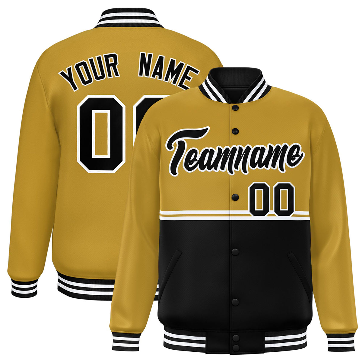 Custom Old Gold Black Varsity Full-Snap Color Block Letterman Jacket