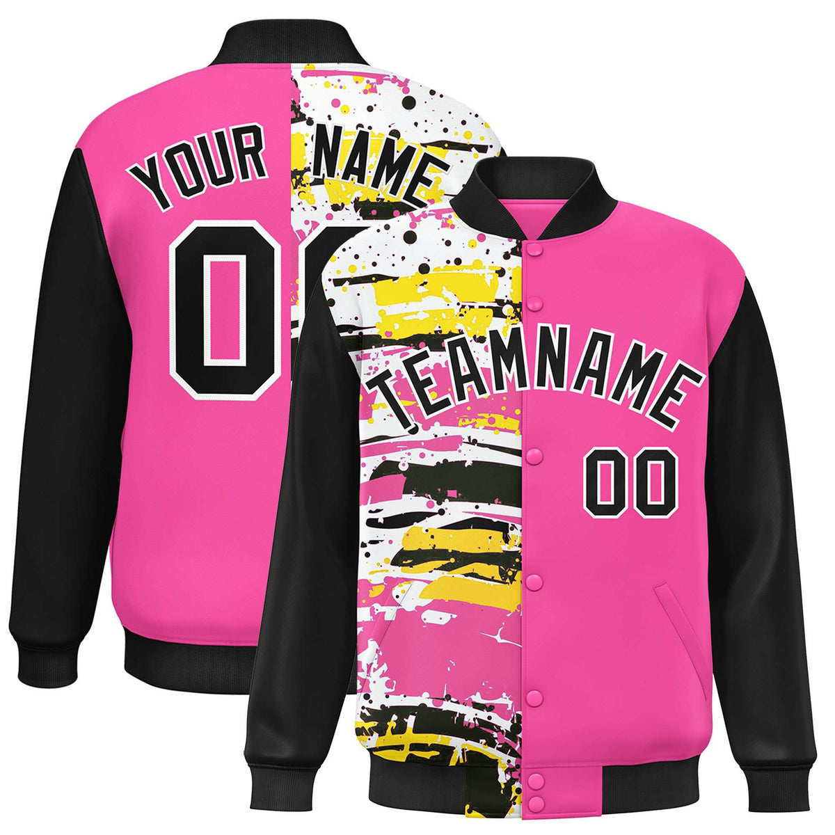 Custom Pink Black Varsity Full-Snap Graffiti Pattern Letterman Baseball Jacket