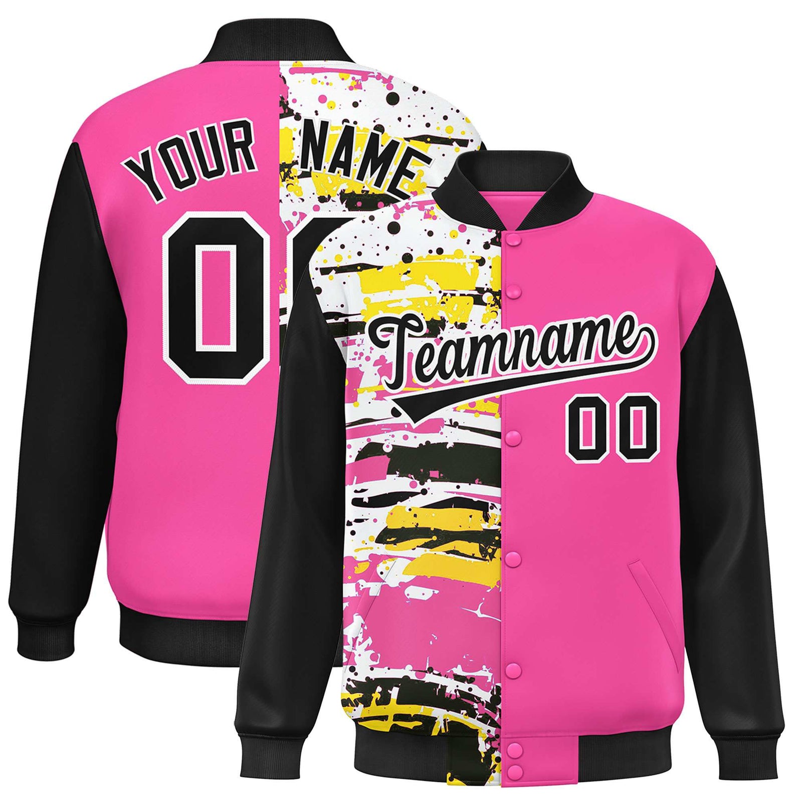 Custom Pink Black Varsity Full-Snap Graffiti Pattern Letterman Baseball Jacket