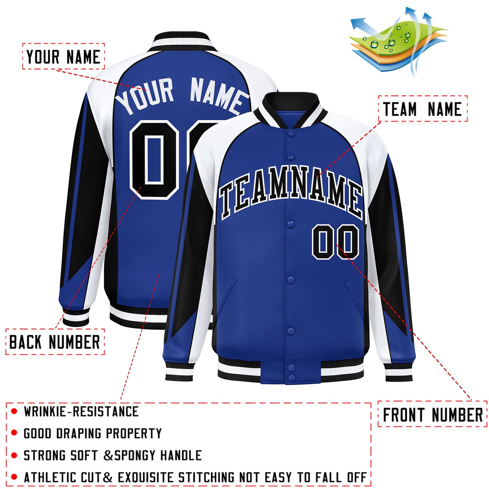 Custom Royal White Varsity Full-Snap Personalized Raglan Sleeves Color Block Letterman Jacket