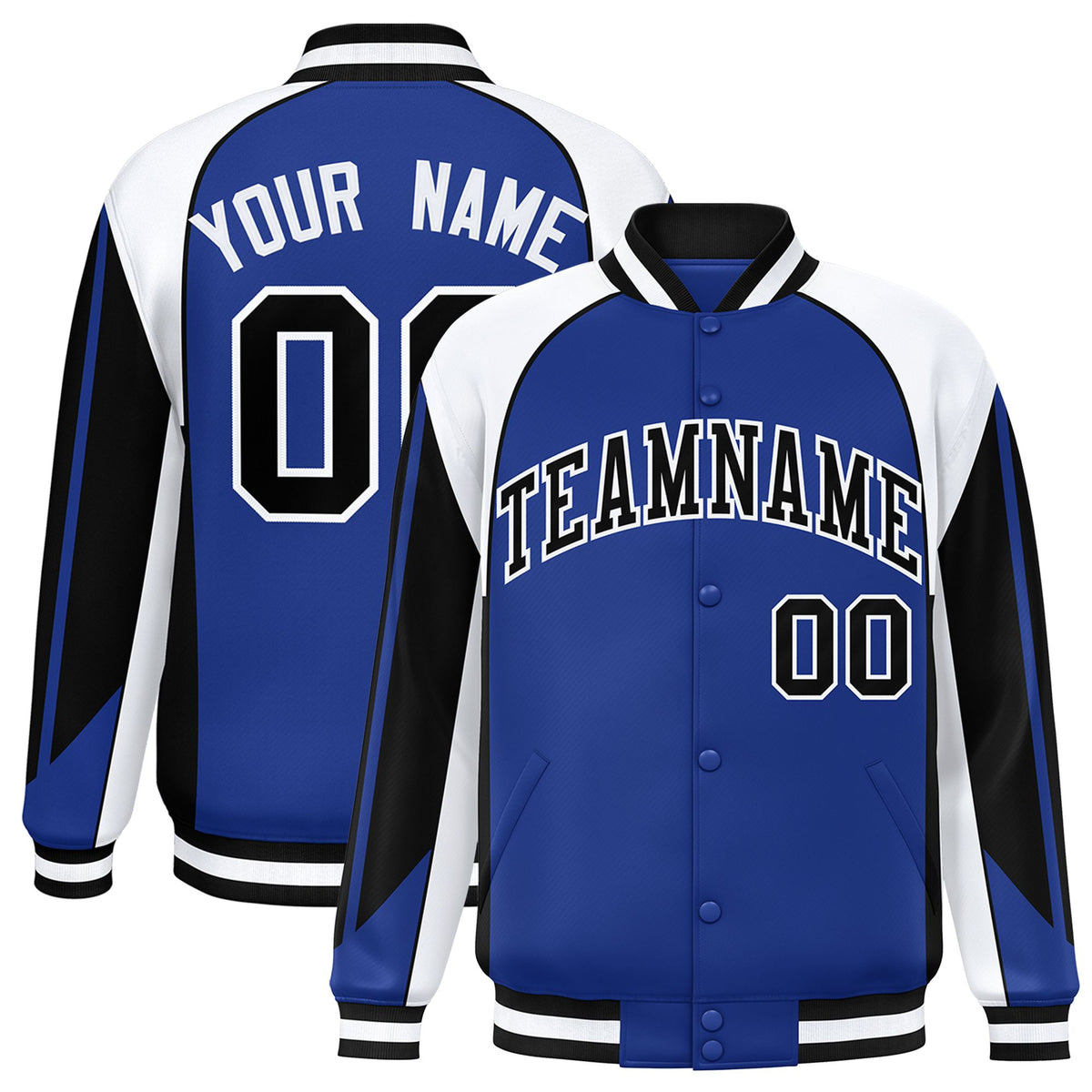 Custom Royal White Varsity Full-Snap Personalized Raglan Sleeves Color Block Letterman Jacket