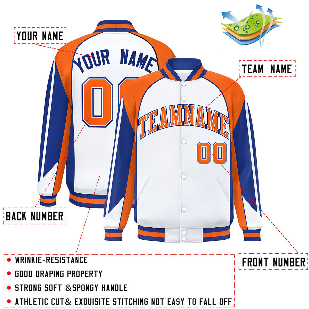 Custom White Orange Varsity Full-Snap Personalized Raglan Sleeves Color Block Letterman Jacket