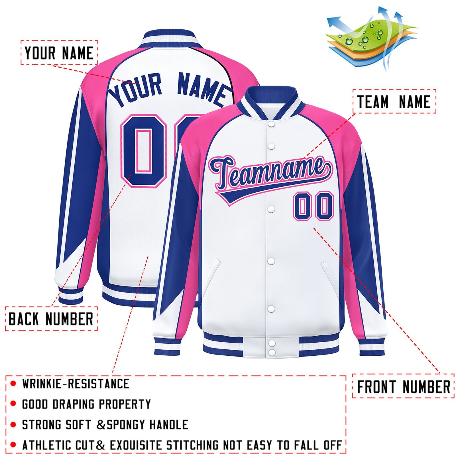 Custom White Pink Varsity Full-Snap Personalized Raglan Sleeves Color Block Letterman Jacket