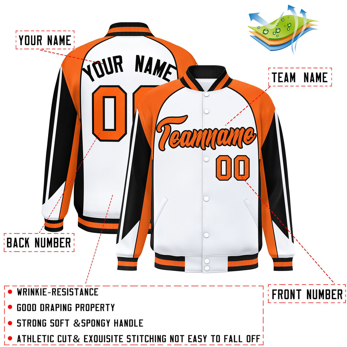 Custom White Orange Varsity Full-Snap Personalized Raglan Sleeves Color Block Letterman Jacket