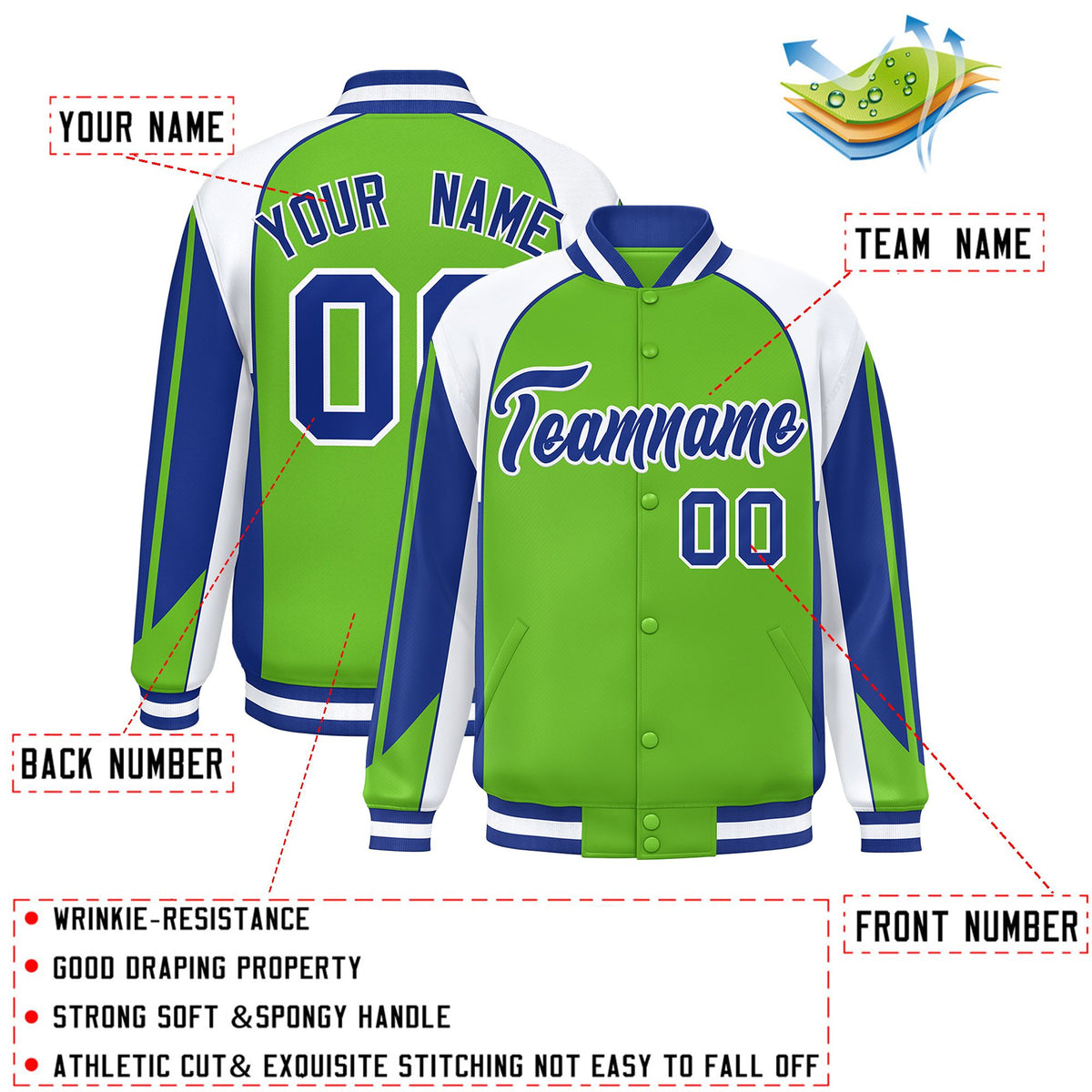 Custom Green White Varsity Full-Snap Personalized Raglan Sleeves Color Block Letterman Jacket