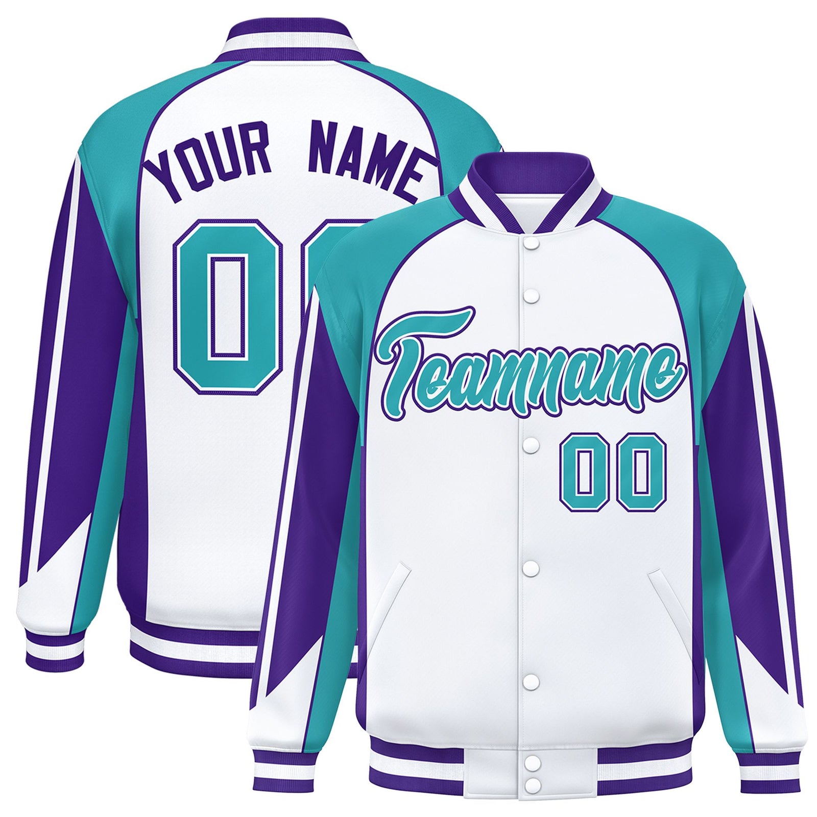 Custom White Aqua Varsity Full-Snap Personalized Raglan Sleeves Color Block Letterman Jacket