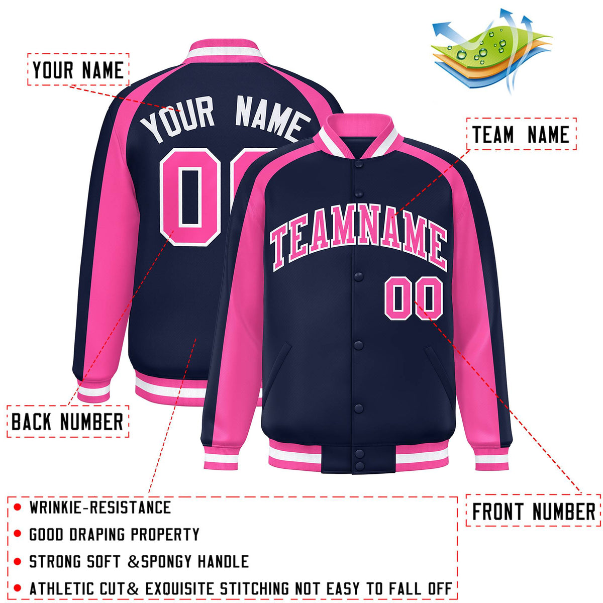 Custom Navy Pink Varsity Full-Snap Color Block Personalized Raglan Sleeves Letterman Jacket