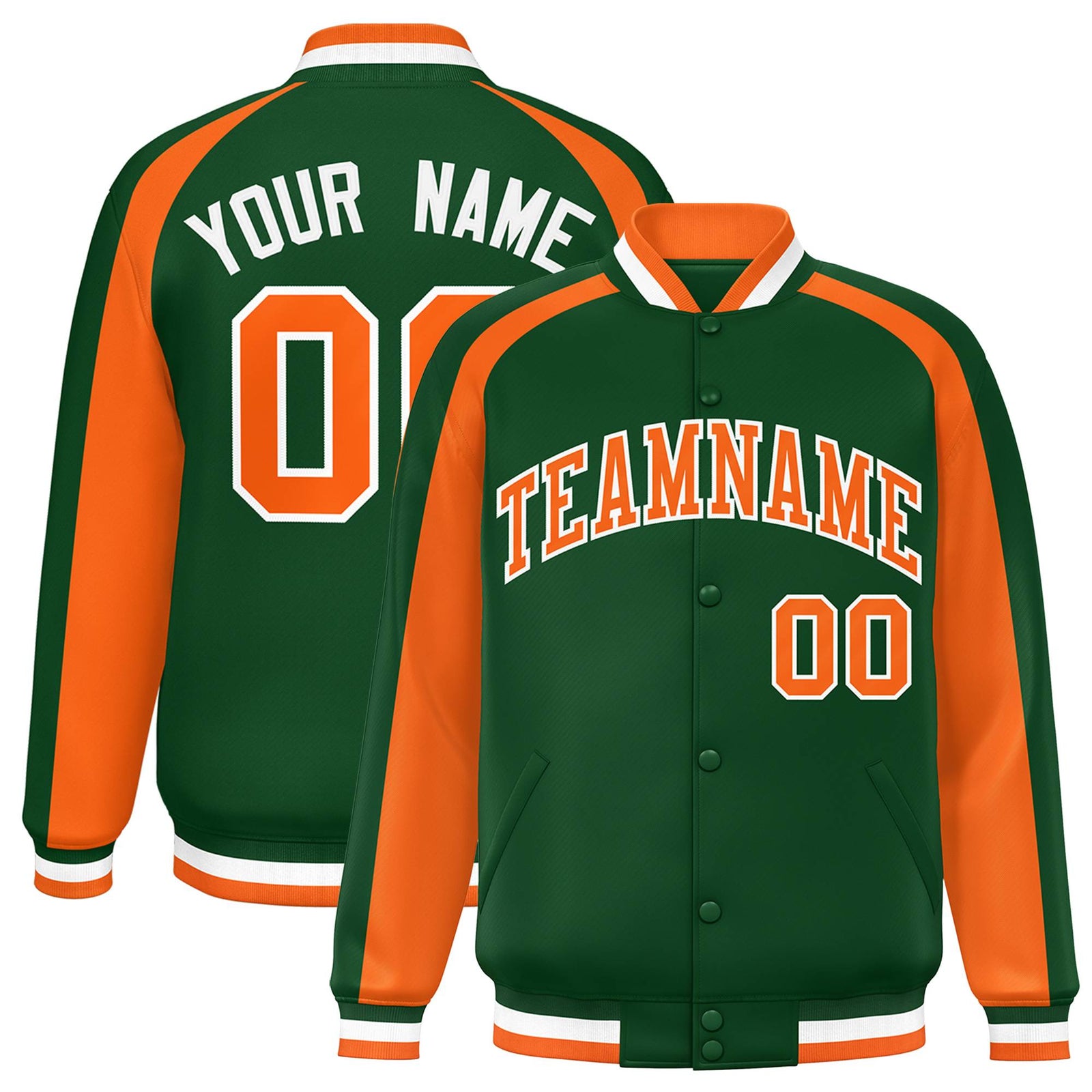 Custom Green Orange Varsity Full-Snap Color Block Personalized Raglan Sleeves Letterman Jacket