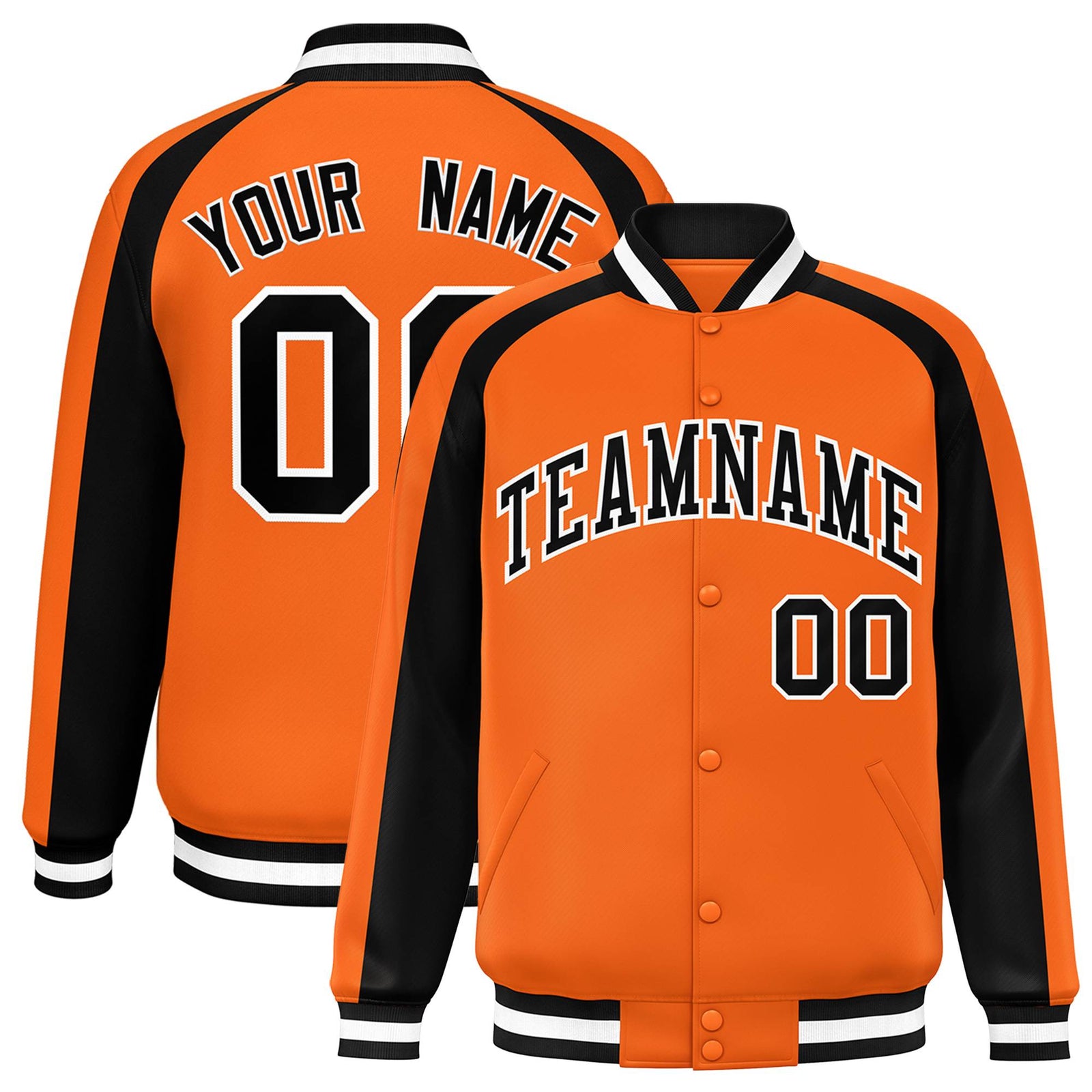 Custom Orange Black Varsity Full-Snap Color Block Personalized Raglan Sleeves Letterman Jacket