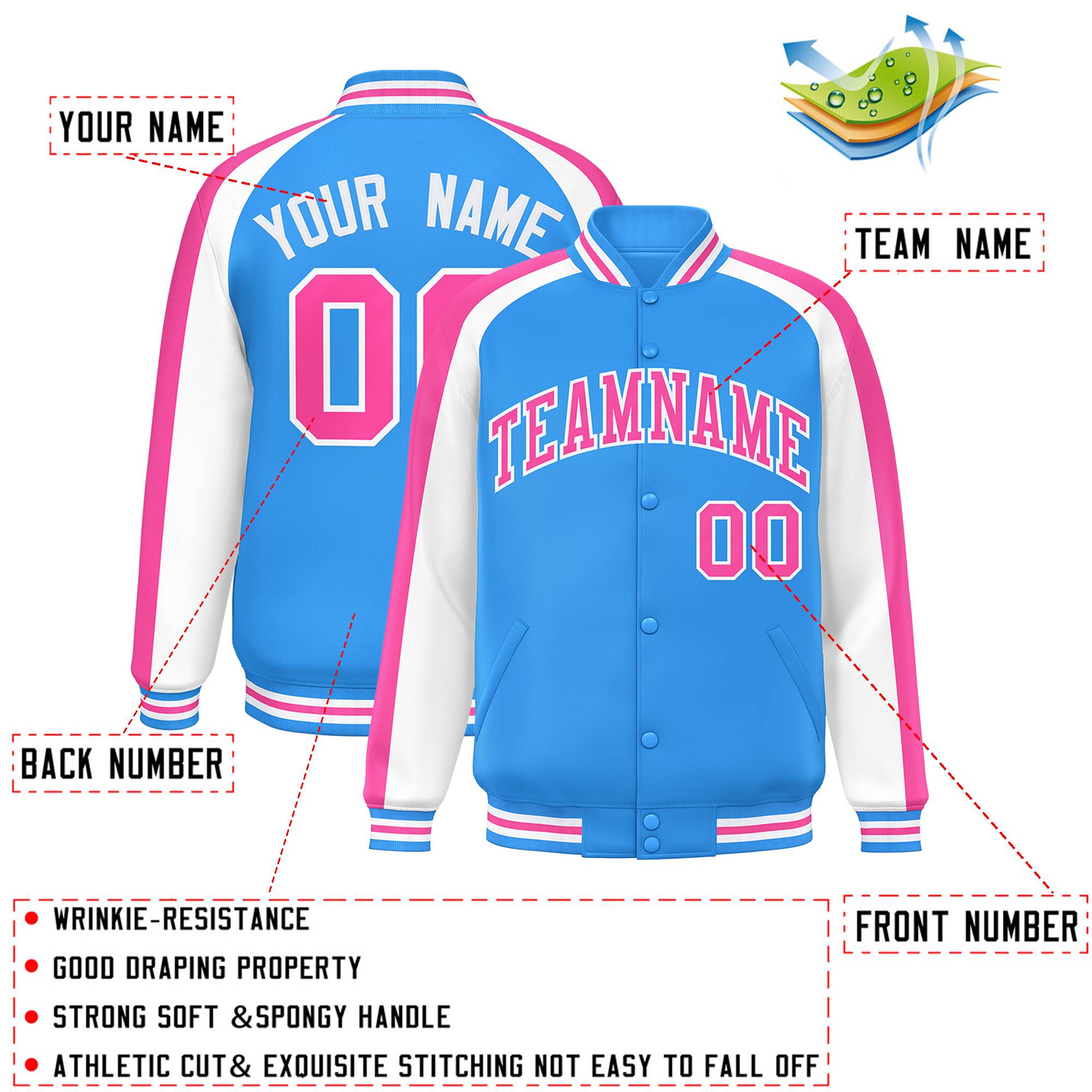 Custom Powder Blue White Varsity Full-Snap Color Block Personalized Raglan Sleeves Letterman Jacket