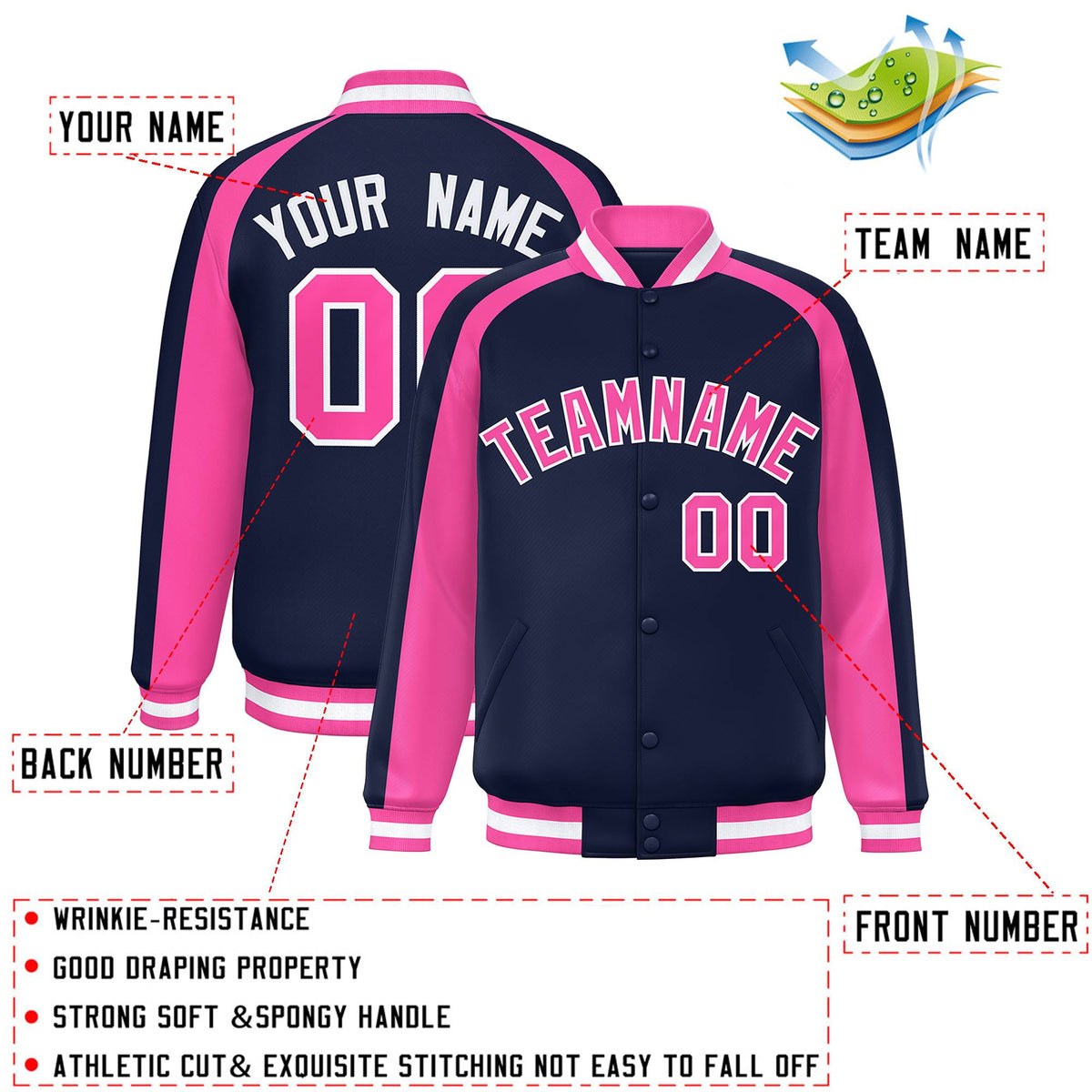 Custom Navy Pink Varsity Full-Snap Color Block Personalized Raglan Sleeves Letterman Jacket