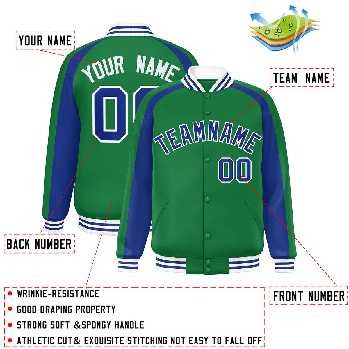 Custom Kelly Green Royal Varsity Full-Snap Color Block Personalized Raglan Sleeves Letterman Jacket