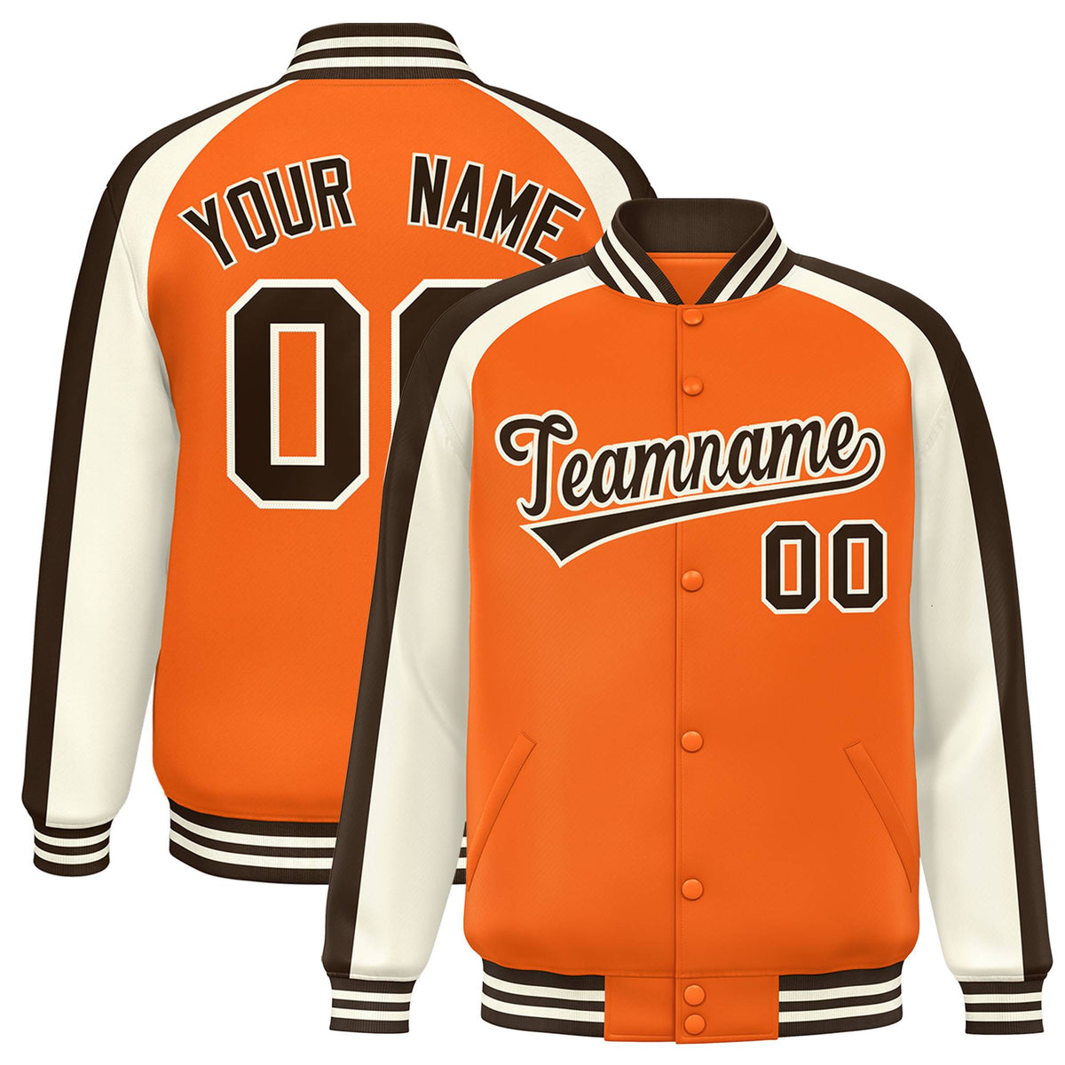 Custom Orange Cream Varsity Full-Snap Color Block Personalized Raglan Sleeves Letterman Jacket