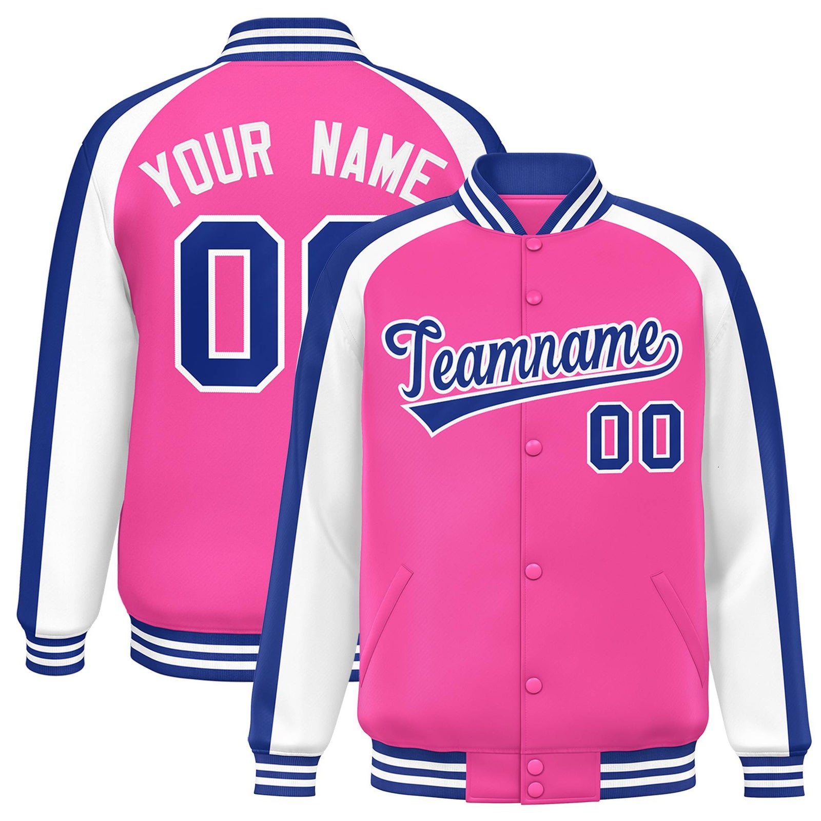 Custom Pink White Varsity Full-Snap Color Block Personalized Raglan Sleeves Letterman Jacket