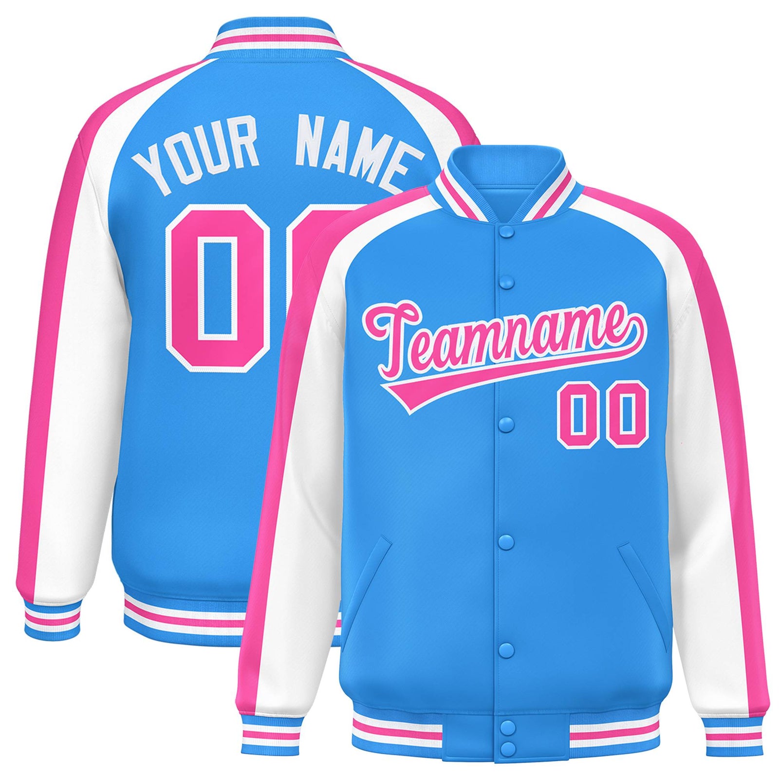 Custom Powder Blue White Varsity Full-Snap Color Block Personalized Raglan Sleeves Letterman Jacket