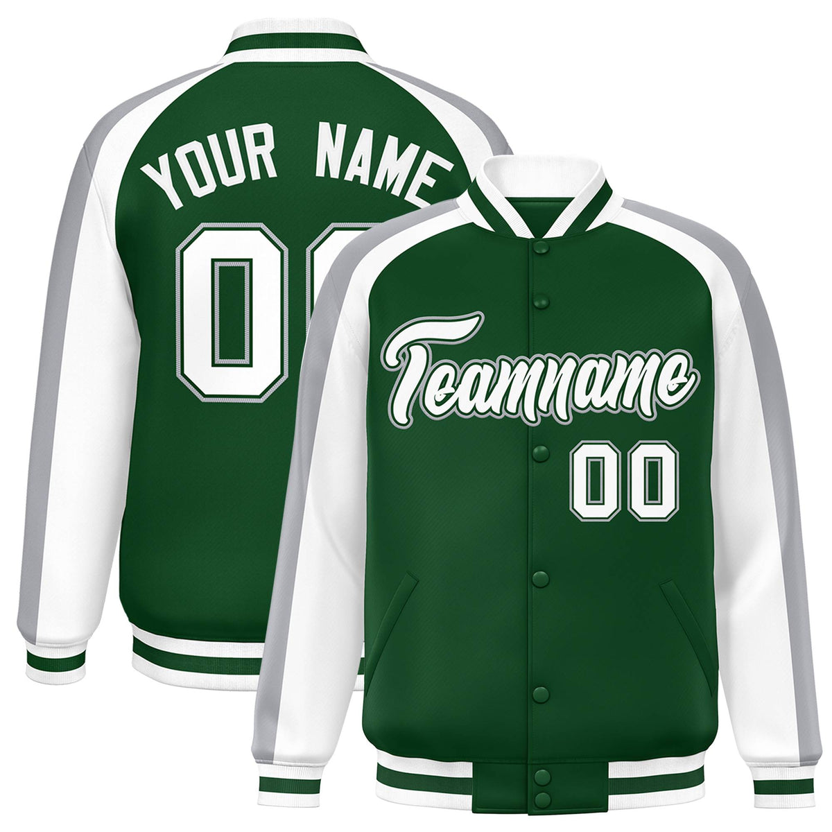 Custom Green White Varsity Full-Snap Color Block Personalized Raglan Sleeves Letterman Jacket