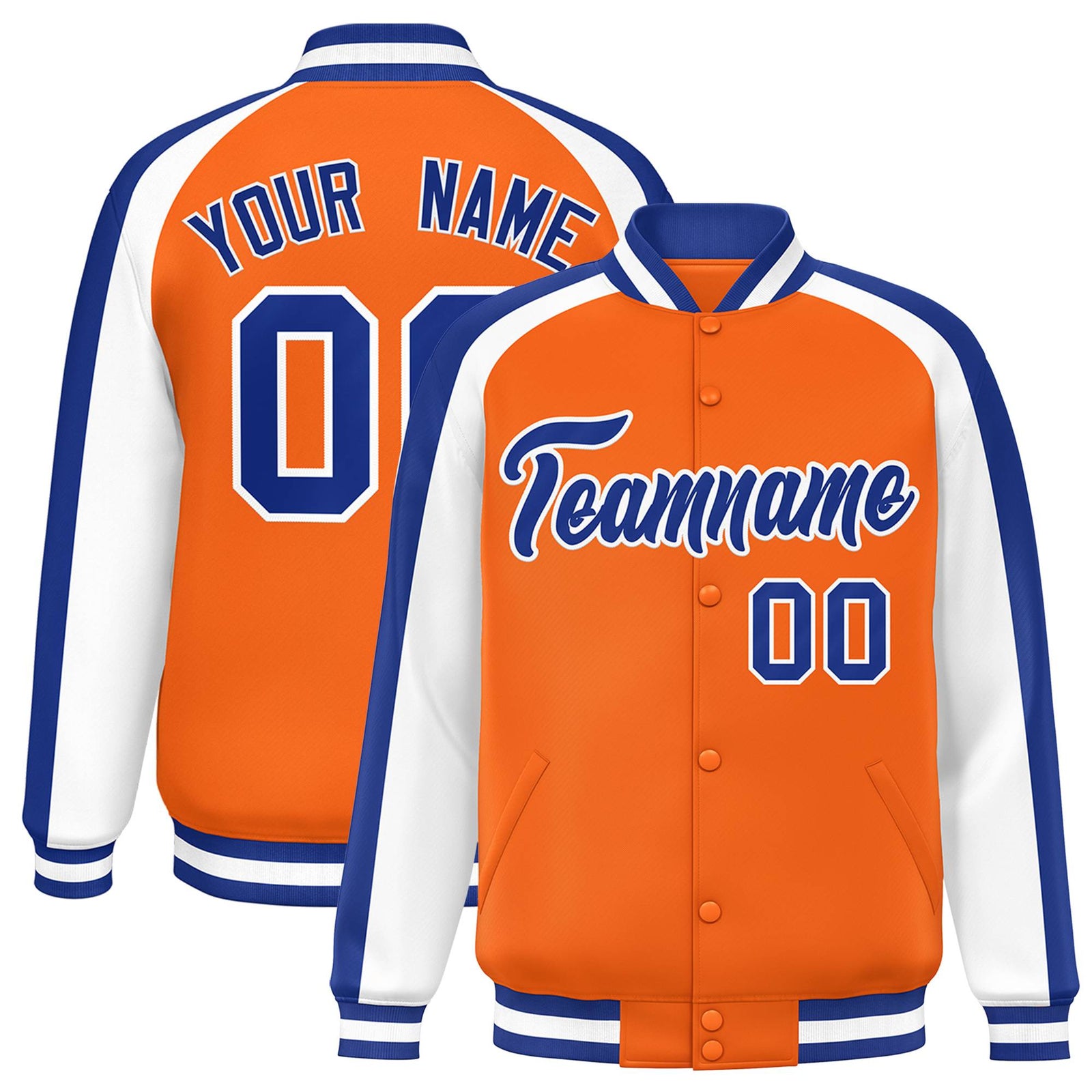 Custom Orange White Varsity Full-Snap Color Block Personalized Raglan Sleeves Letterman Jacket
