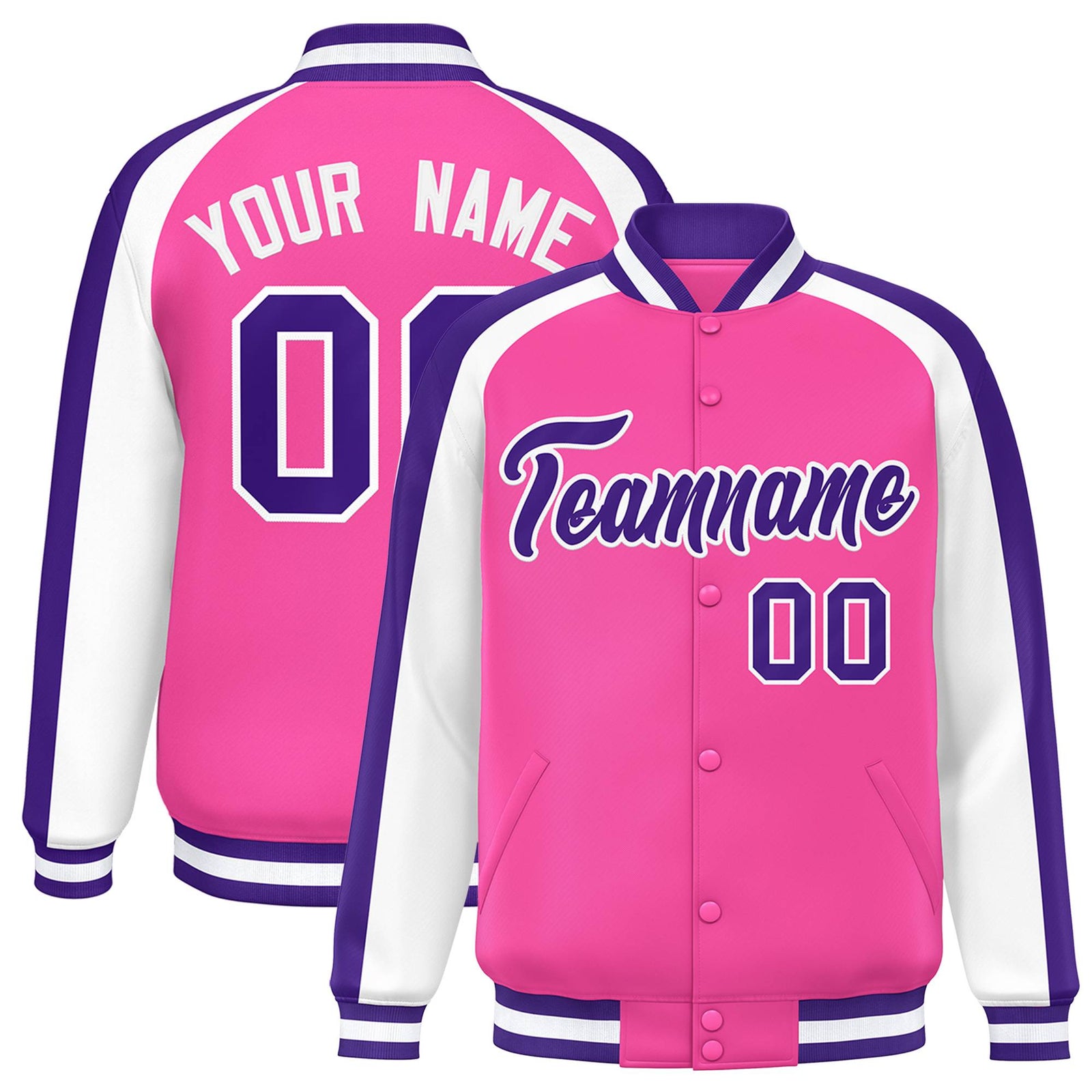 Custom Pink White Varsity Full-Snap Color Block Personalized Raglan Sleeves Letterman Jacket